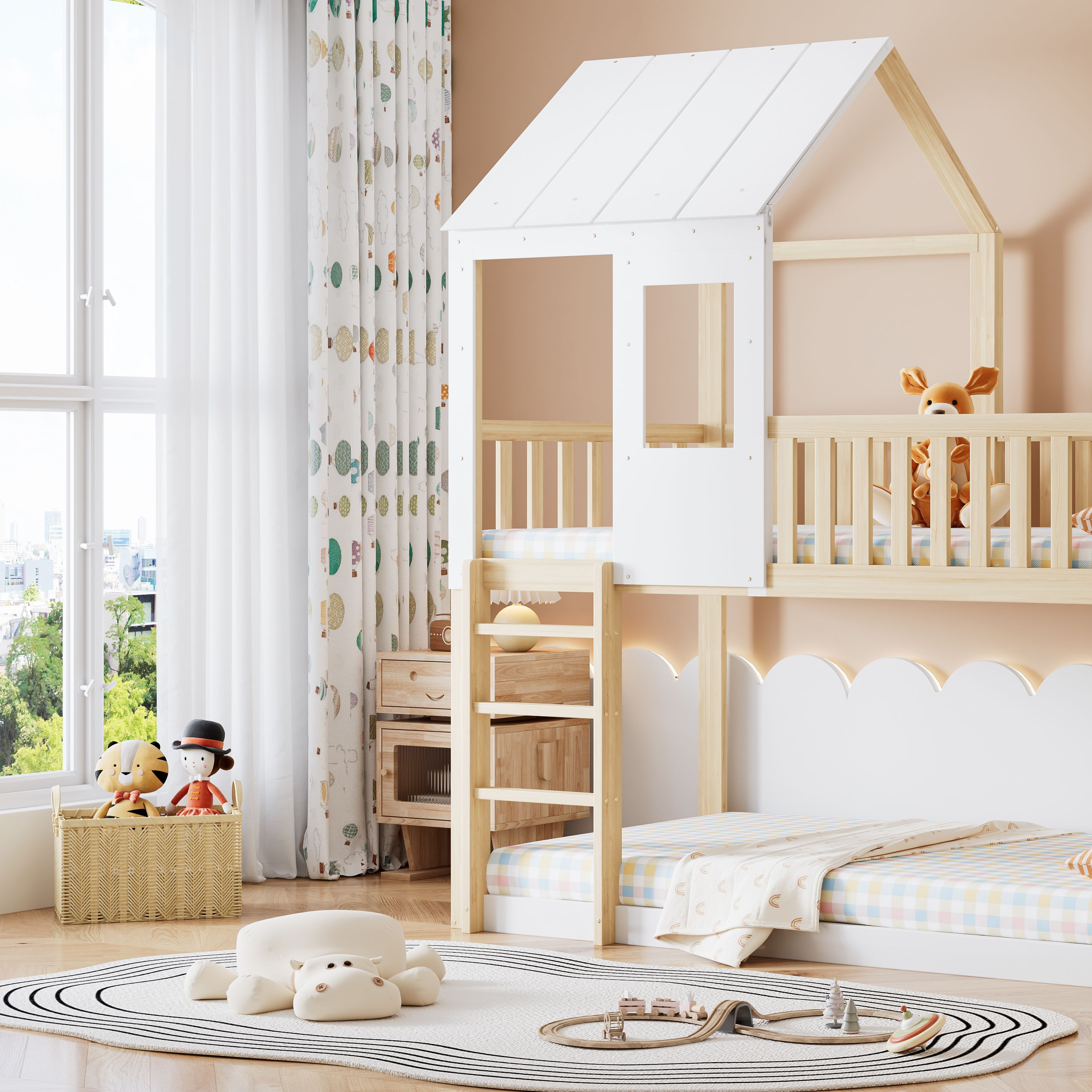 Lit mezzanine enfant avec toboggan, toit et fenêtre, pin et MDF, naturel et blanc, 90x200 cm 5