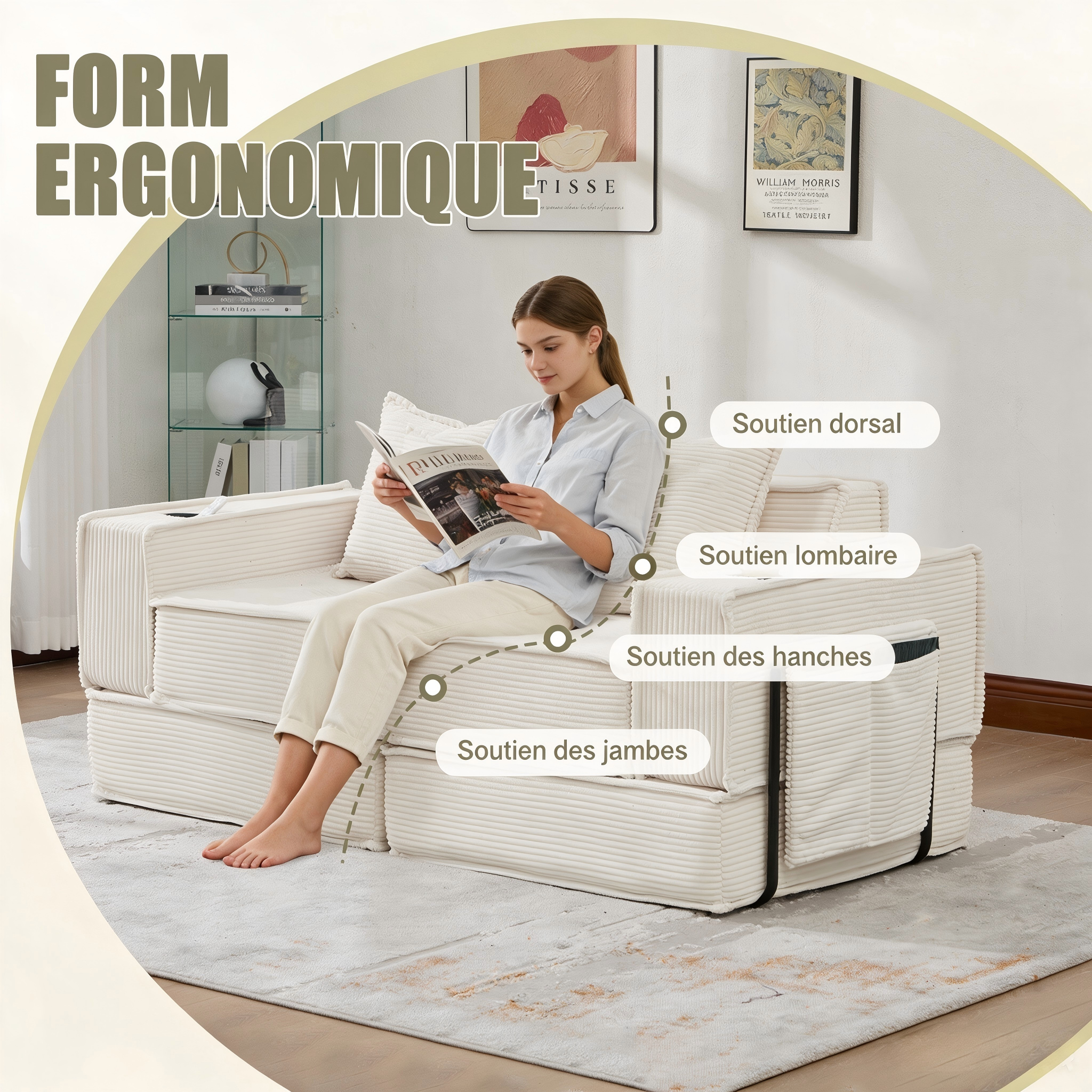 Canapé 2 places beige en corduroy moderne avec pouf - vue 4