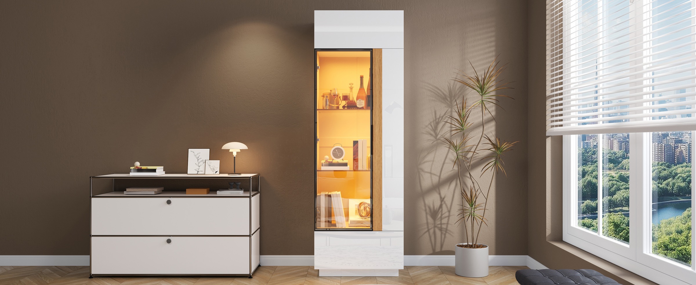 Vitrine Haute Blanc - Éclairage LED, Portes, Portes en Verre, Éclairage Connecté - Panneaux de Particules - 60×40×180cm 2
