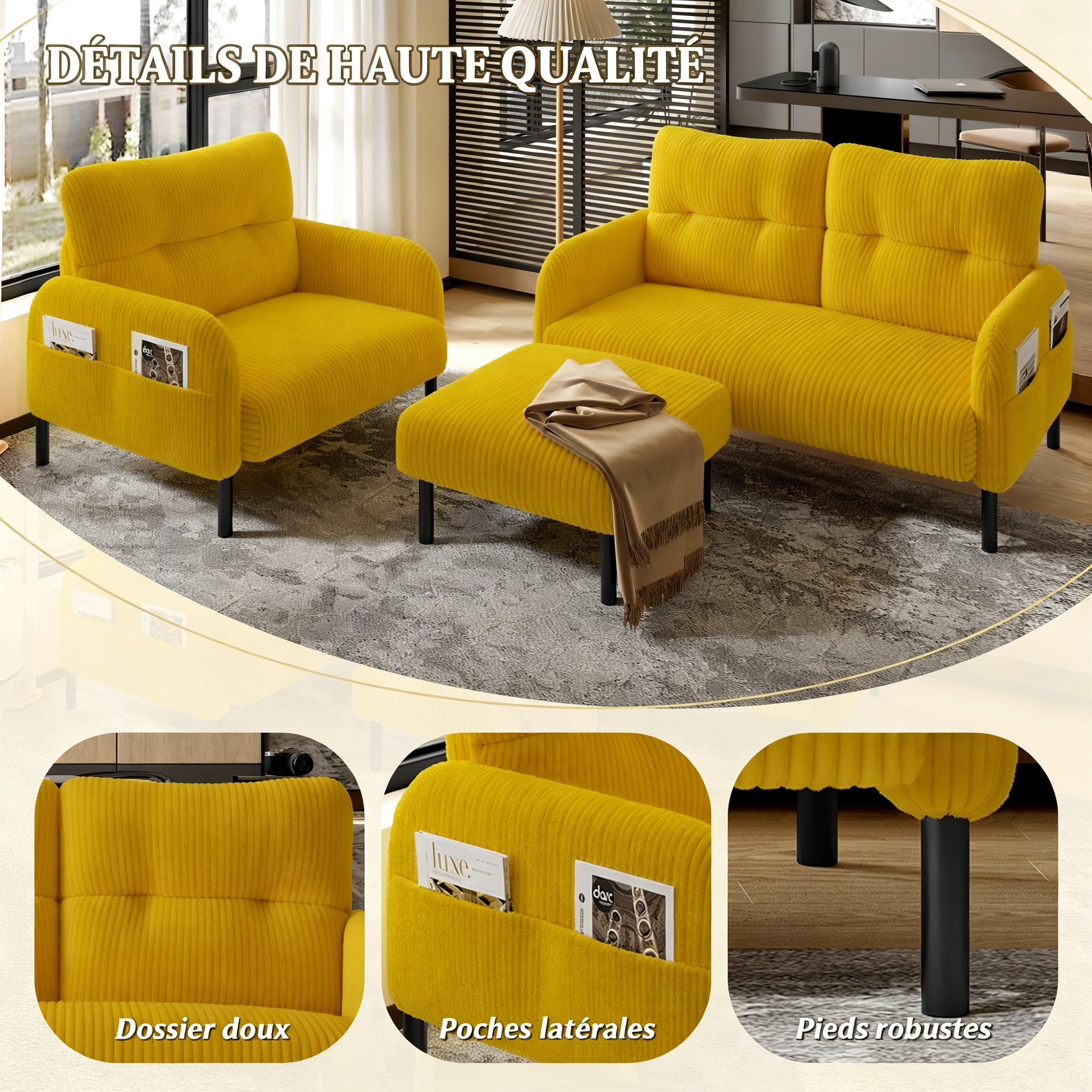 Canapé corduroy jaune 3 pièces avec fauteuil et pouf - vue 3