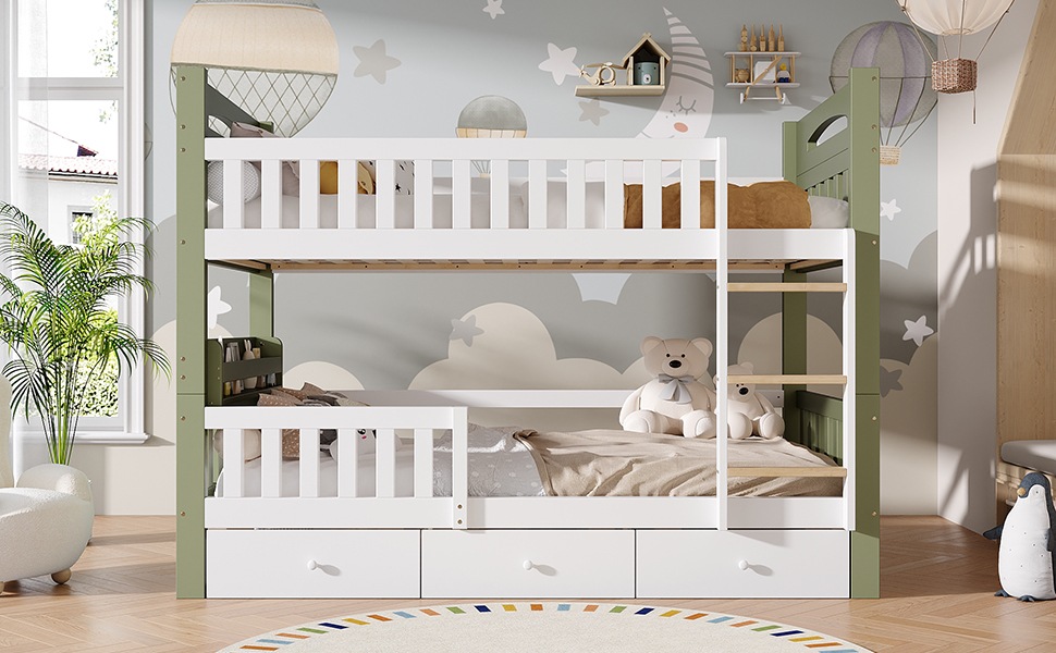 Lit superposé enfant 90×200 cm - Structure bois - Échelle - Barrière sécurité - Étagère latérale - 3 Tiroirs - Blanc et vert 4