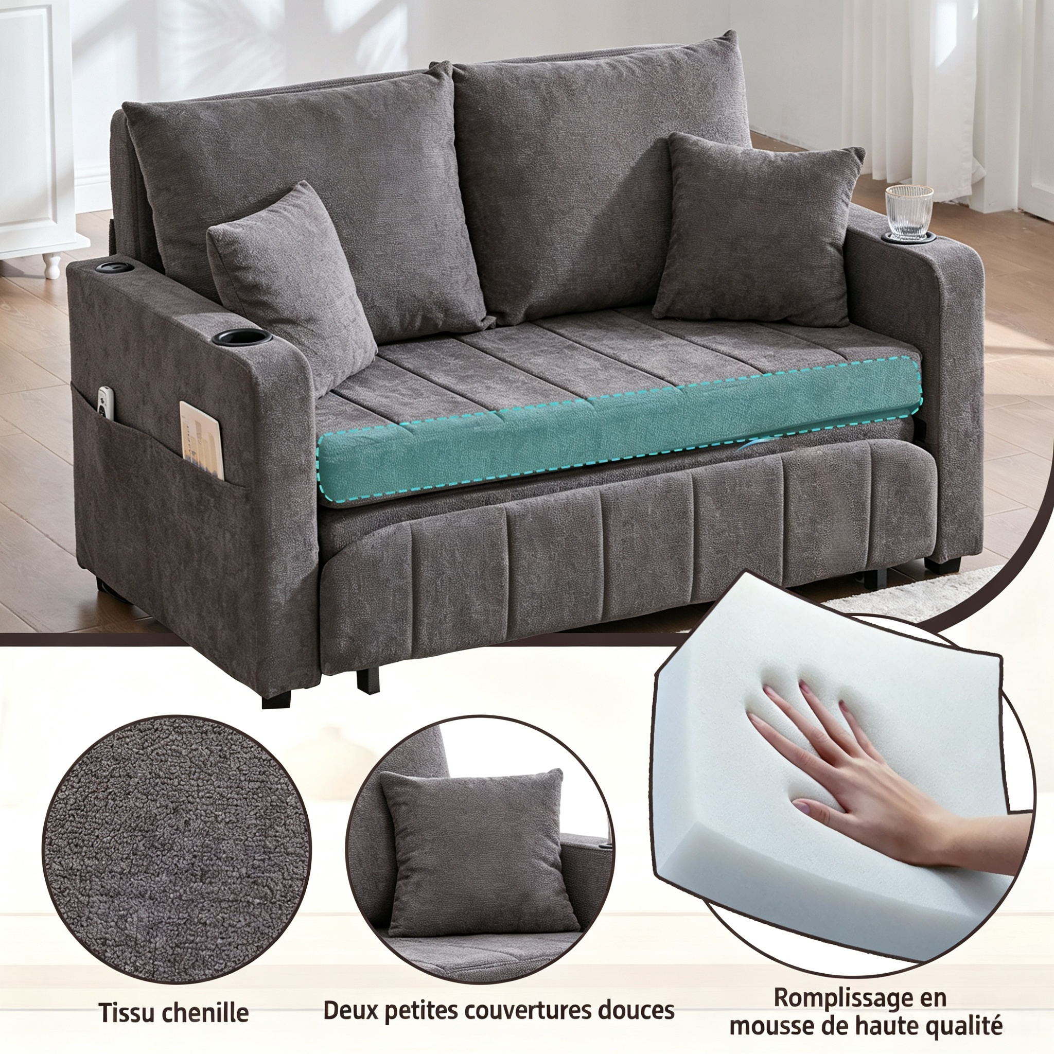 Canapé-lit convertible gris en chenille avec rangement 139x73x83 cm - vue 4
