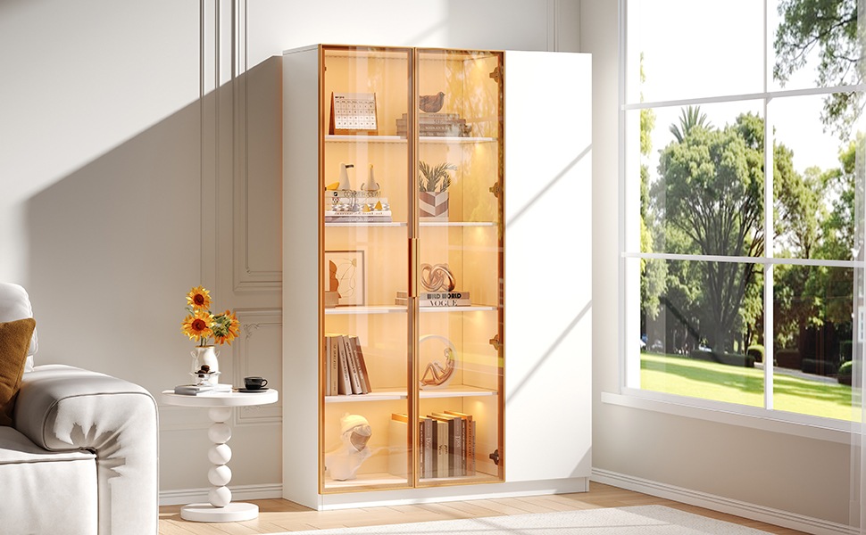 Vitrine Haute Blanc - Éclairage LED, 3 Portes, Étagères, Portes en Verre, Rangement à Vin - MDF - 110×35×165cm 1