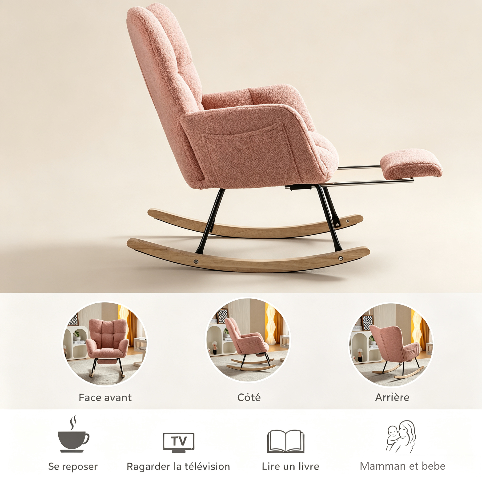 Fauteuil à bascule rose en Teddy - vue 3