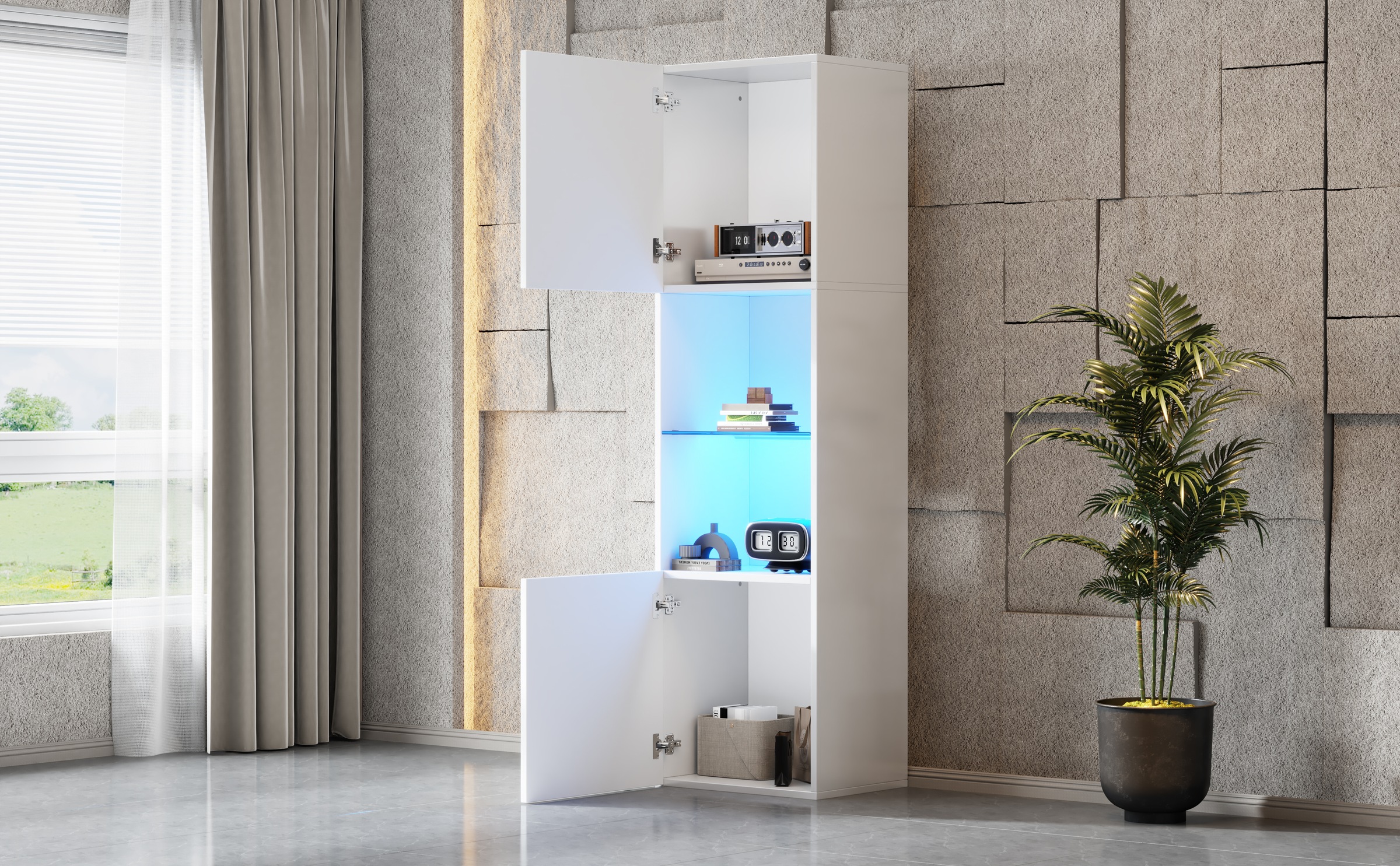 Vitrine Haute Blanc - Éclairage LED, Portes, Étagères, Portes en Verre, Éclairage Connecté - Panneaux de Particules - 45×35×160cm 6