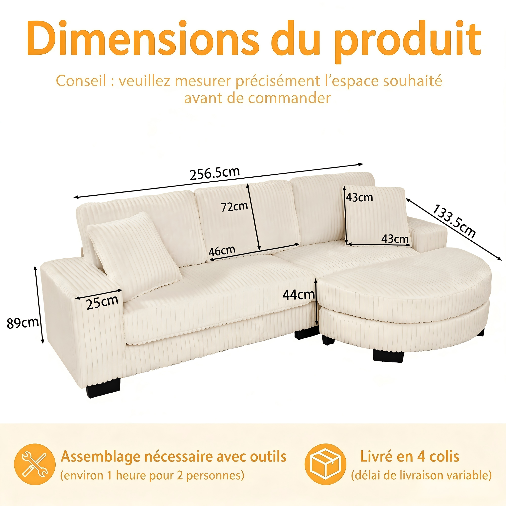 Canapé d angle 4 places en corduroy beige avec pouf - vue 4
