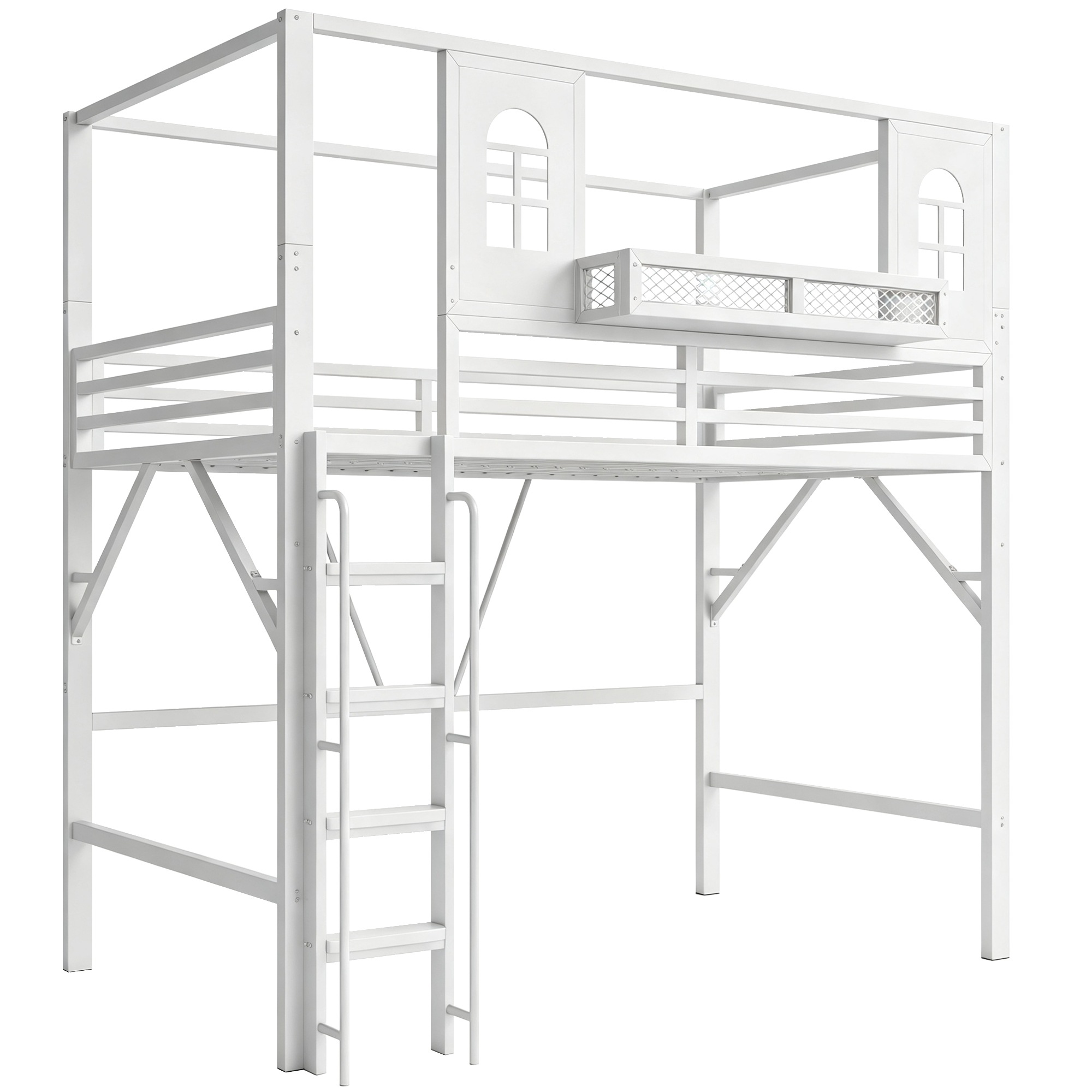 Lit superposé enfant 90×200 cm - Toit maisonnette - Structure métal - Échelle sécurité - Espace de jeu - Rangement intégré - Blanc 6