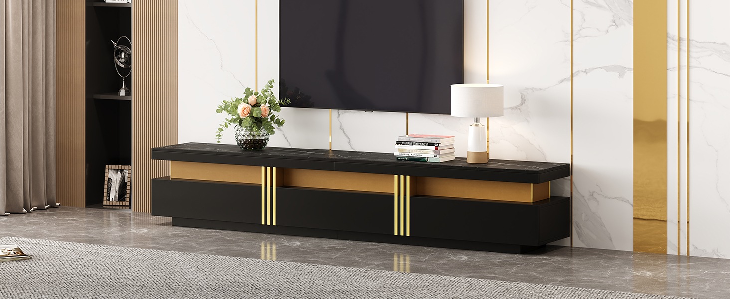 Meuble TV Noir - Pour TV jusqu'à 90 Pouces, 3 Tiroirs, Rangement Ouvert et Fermé - Panneaux de Particules - 200×40×42cm - Salon 1