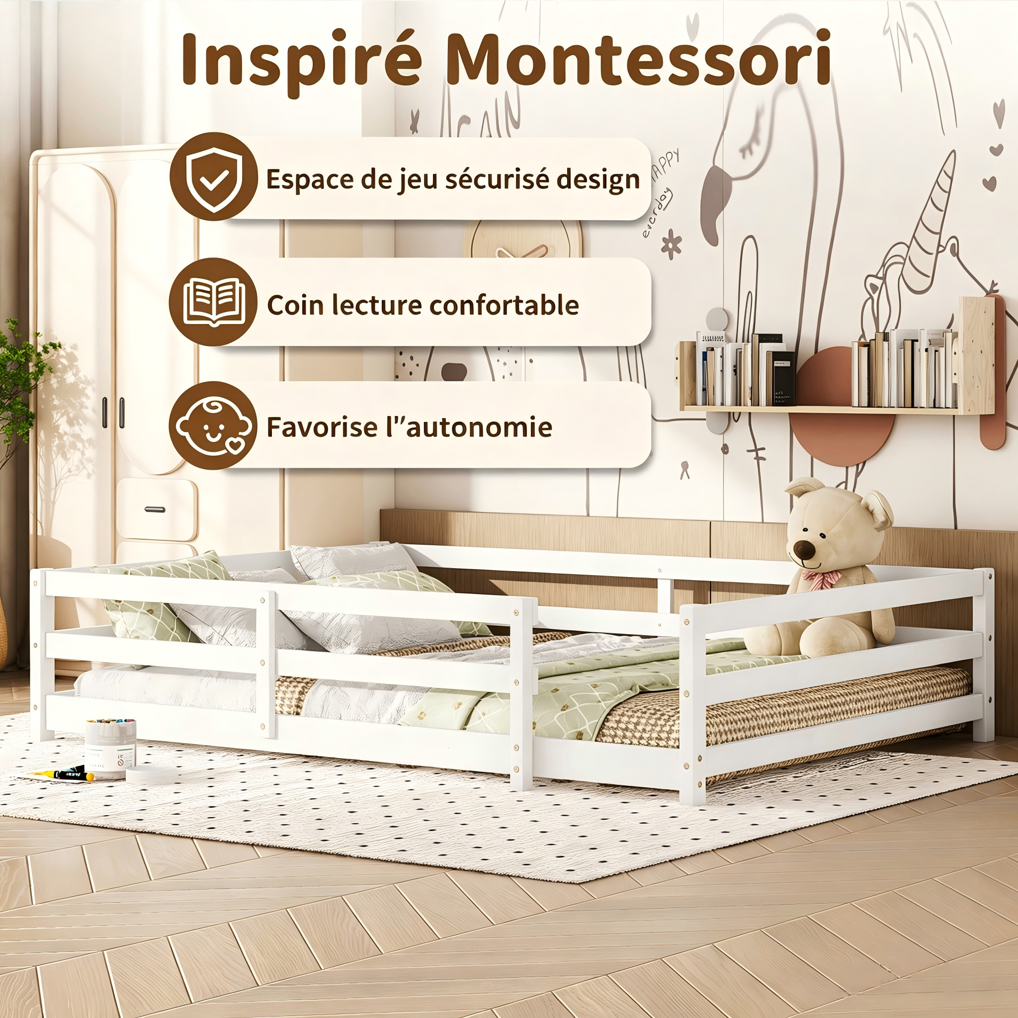 Lit Montessori au sol 140 x 200 cm, barrières 4 côtés, pin massif, blanc, 204 x 144 x 40 cm