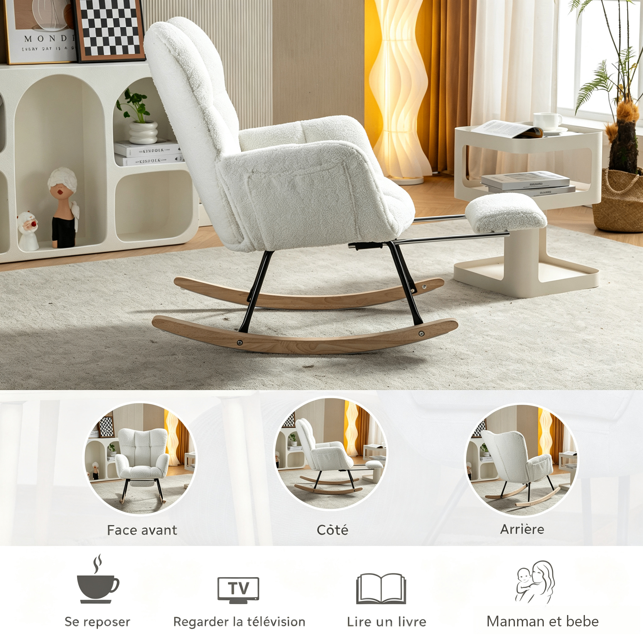 Fauteuil à bascule blanc en Teddy - vue 3