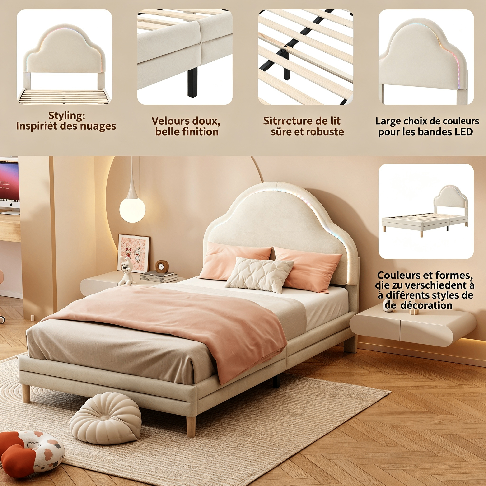 Lit capitonné en velours beige avec tête de lit nuage et LED multicolore, 90x200 cm 4