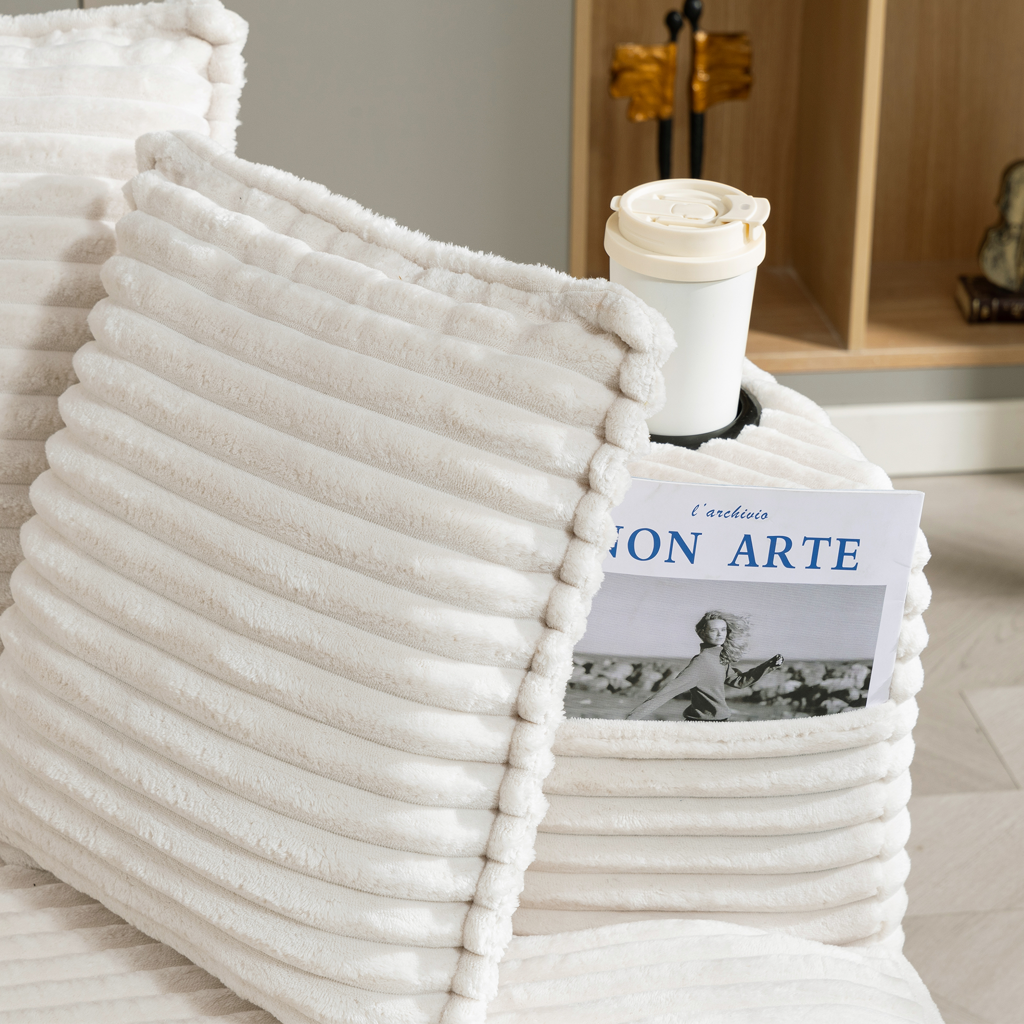 Canapé d angle en corduroy beige avec porte-gobelets - vue 4
