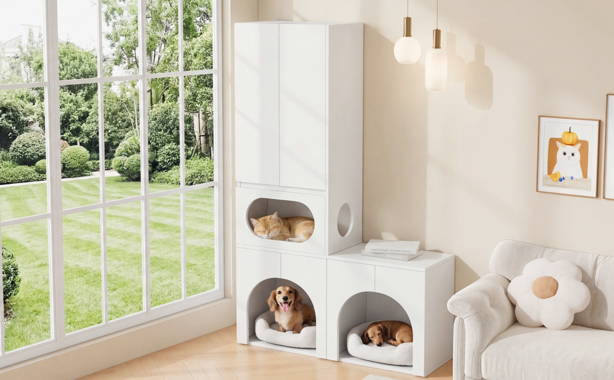 Bac à Litière pour Chat Blanc, Pour 2 Bacs à Litière, Niche Ovale, Zone de Repos, Rangement - MDF - 140x45x195cm - Maison 5