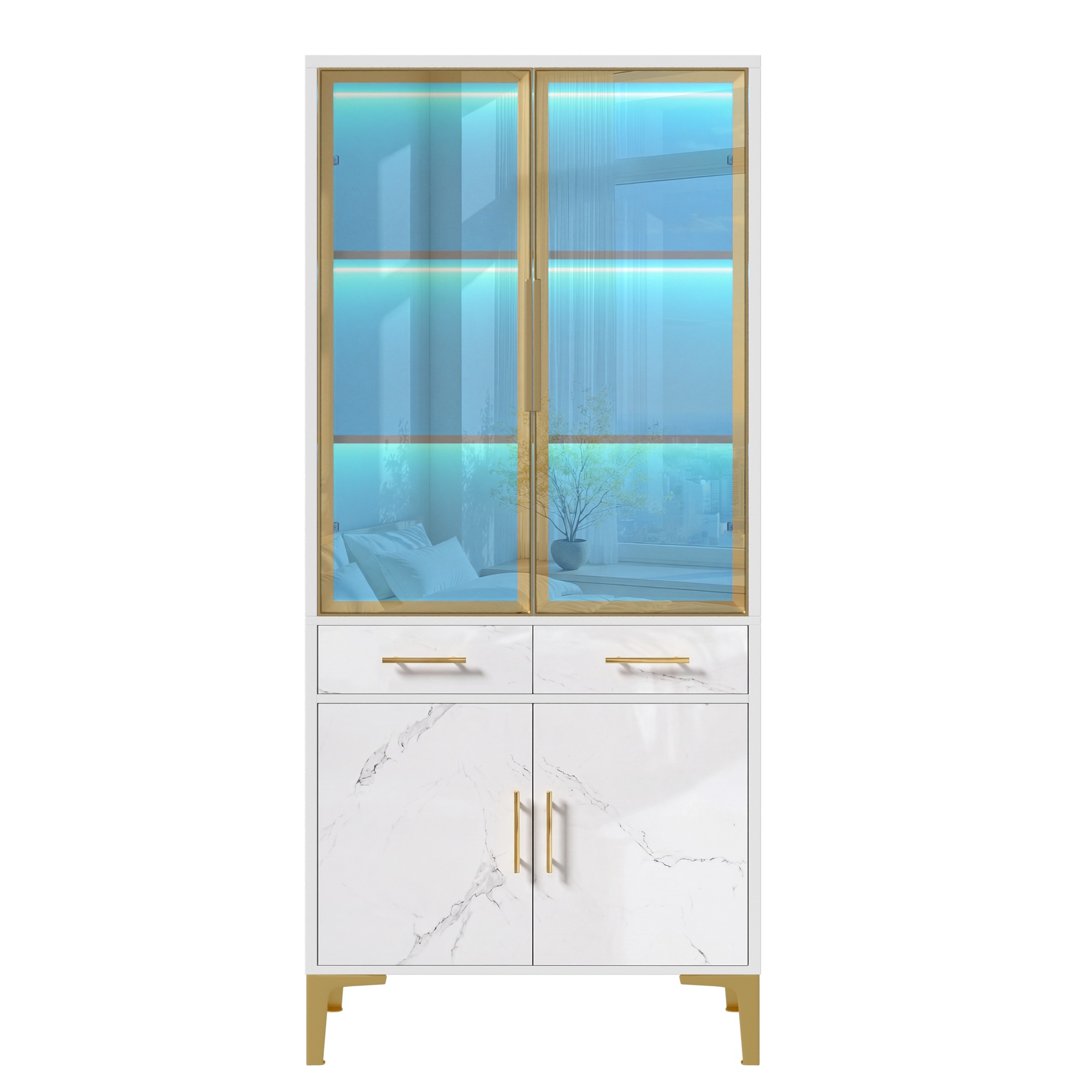 Vitrine Haute Blanc - Éclairage LED, 2 Tiroirs, Portes, Étagères, Portes en Verre - MDF et Panneaux de Particules - 75×38×170cm 6