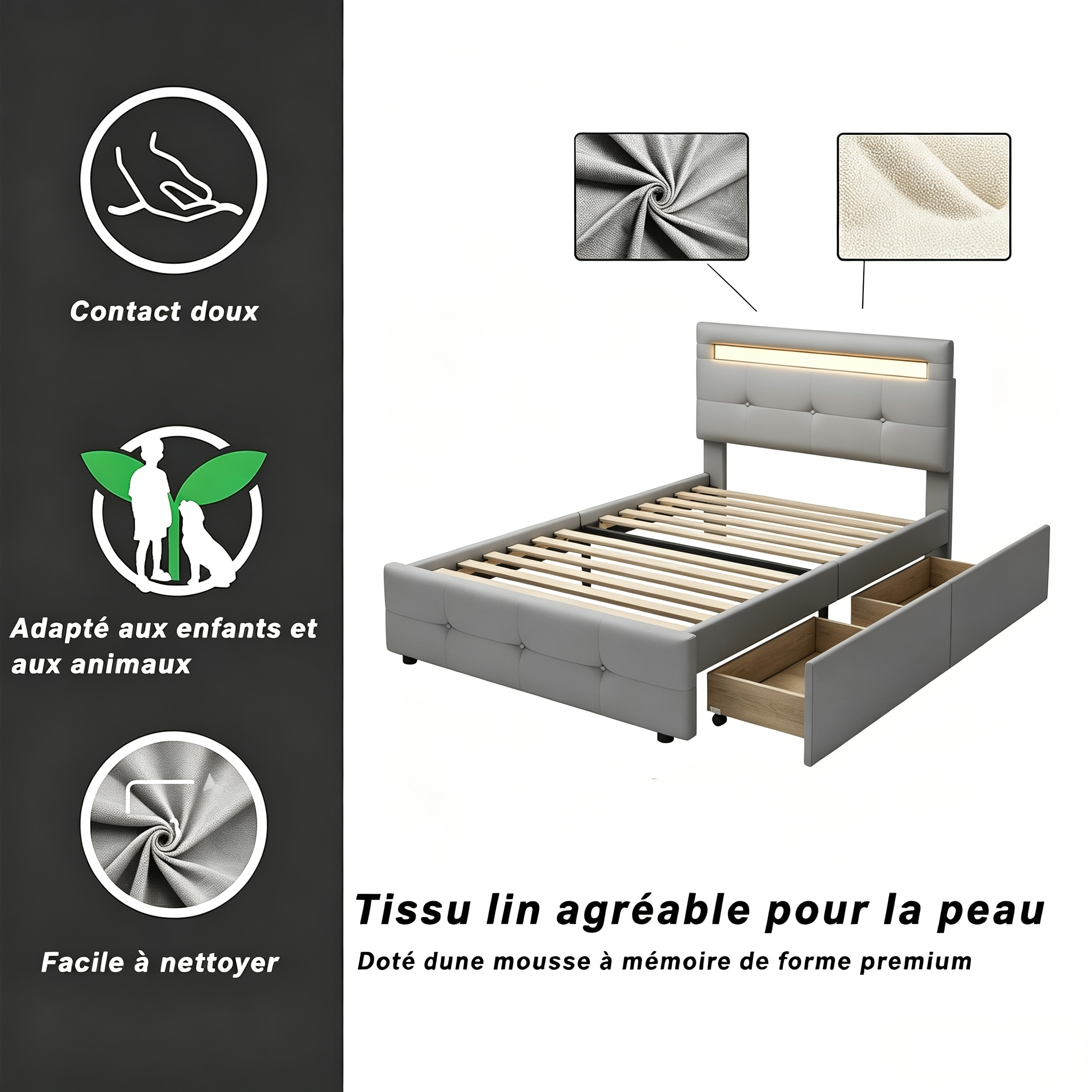 Lit simple rembourré 90x200 cm avec LED et tiroirs vue 4