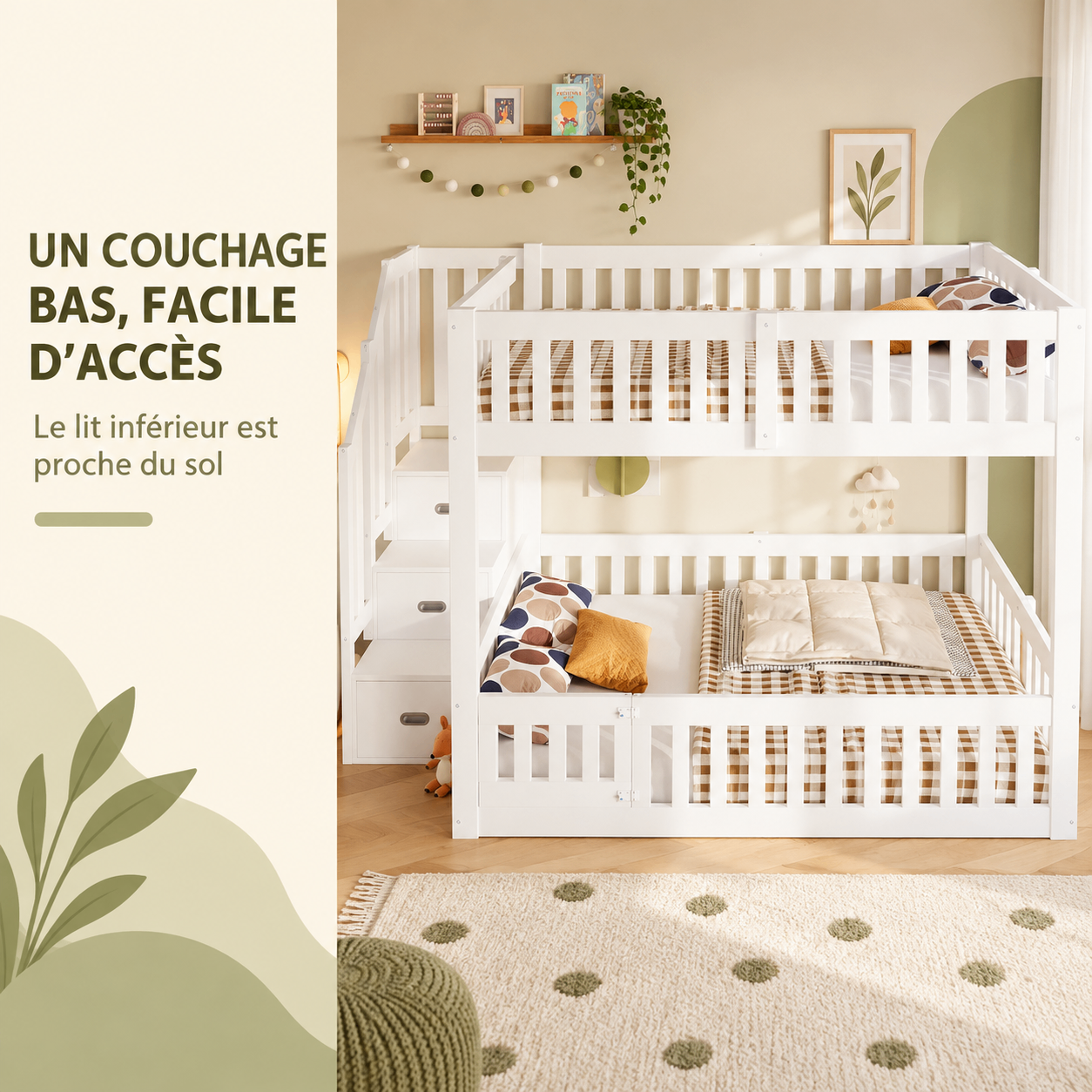 Lit superposé bas blanc avec couchage inférieur proche du sol et portillon d'accès intégré