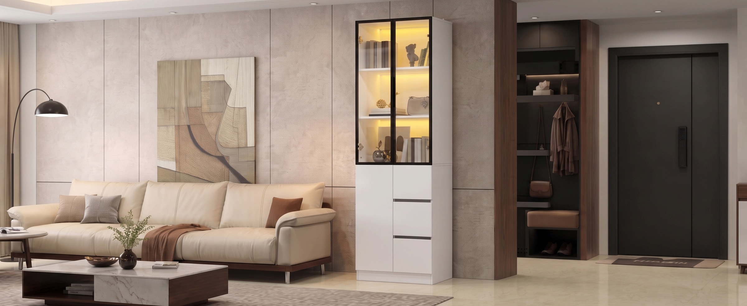 Vitrine Haute Blanc - Éclairage LED, Tiroirs, 1 Porte, Étagères, Portes en Verre - Panneaux de Particules - 60×40×180cm 2