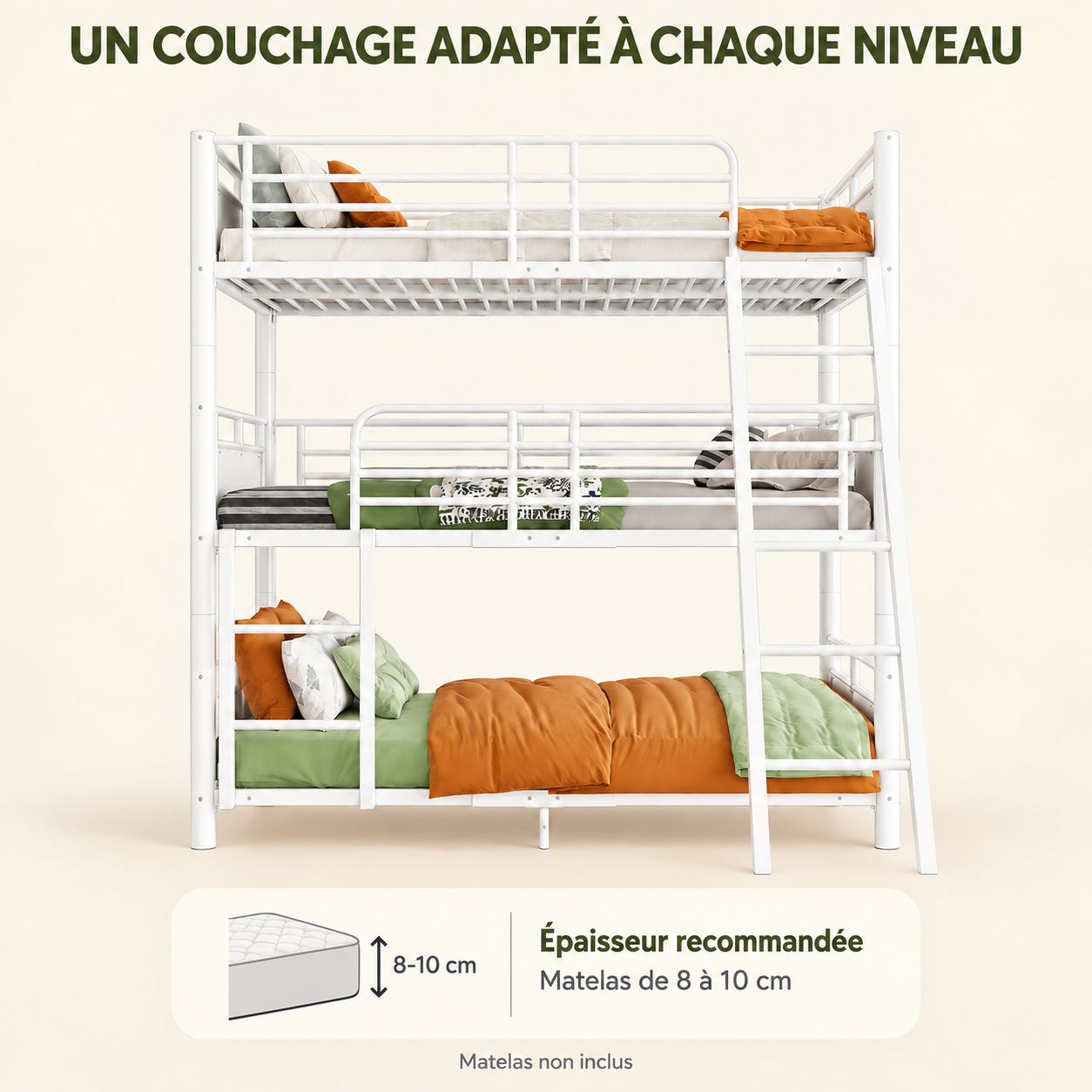 Lit superposé triple blanc avec recommandation de matelas de 8 à 10 cm d'épaisseur