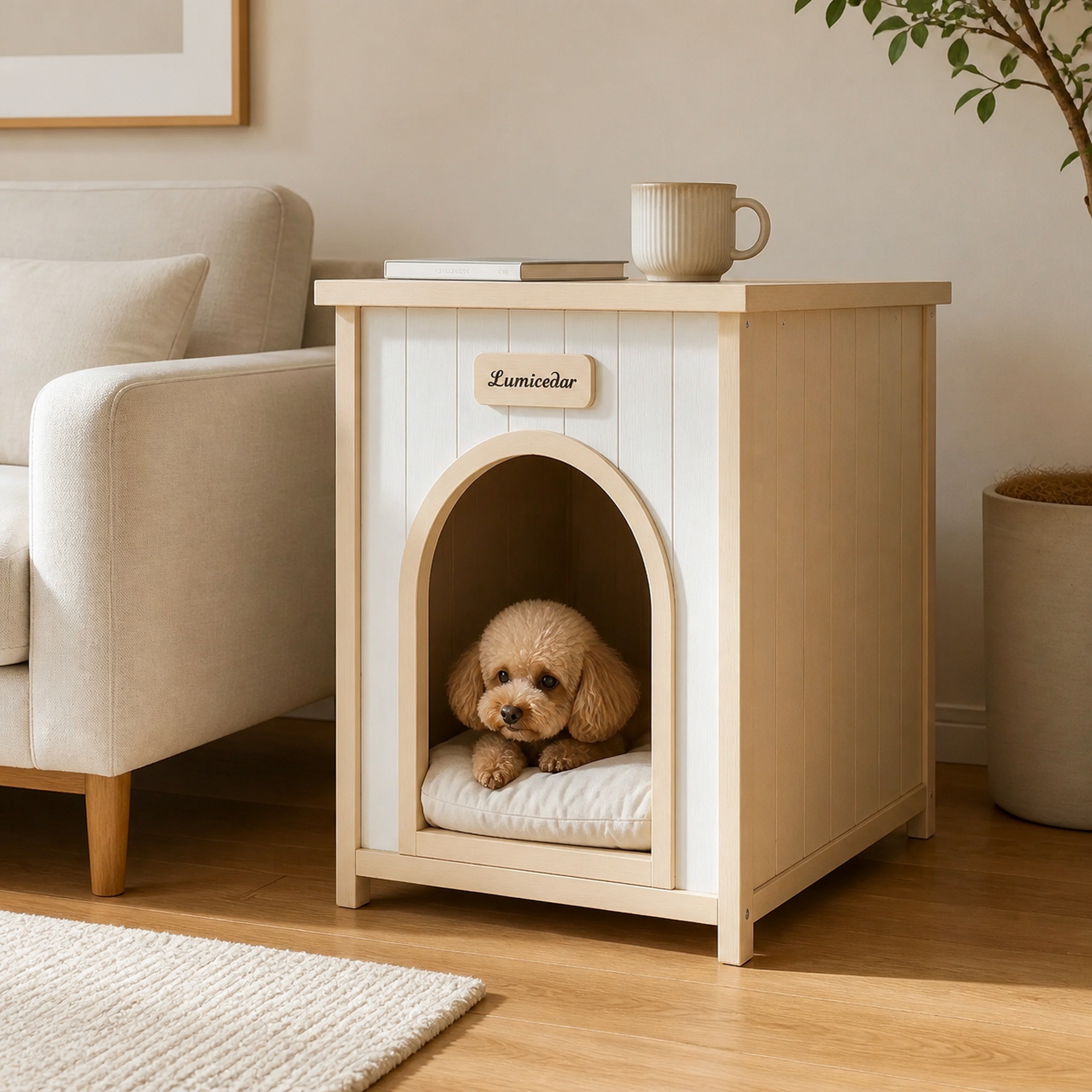 Maison pour Chat Blanc Crème, Bois Massif FSC, Style Scandinave, Usage Intérieur, Coussin Confort - Bois - 53x51.6x60cm - Maison 6