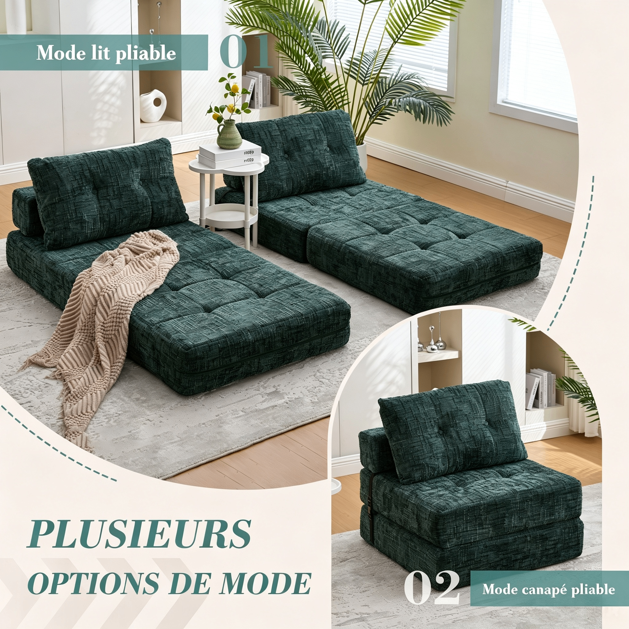 Canapé-lit pliable émeraude chenille avec coussin 79x79x57 cm - vue 2