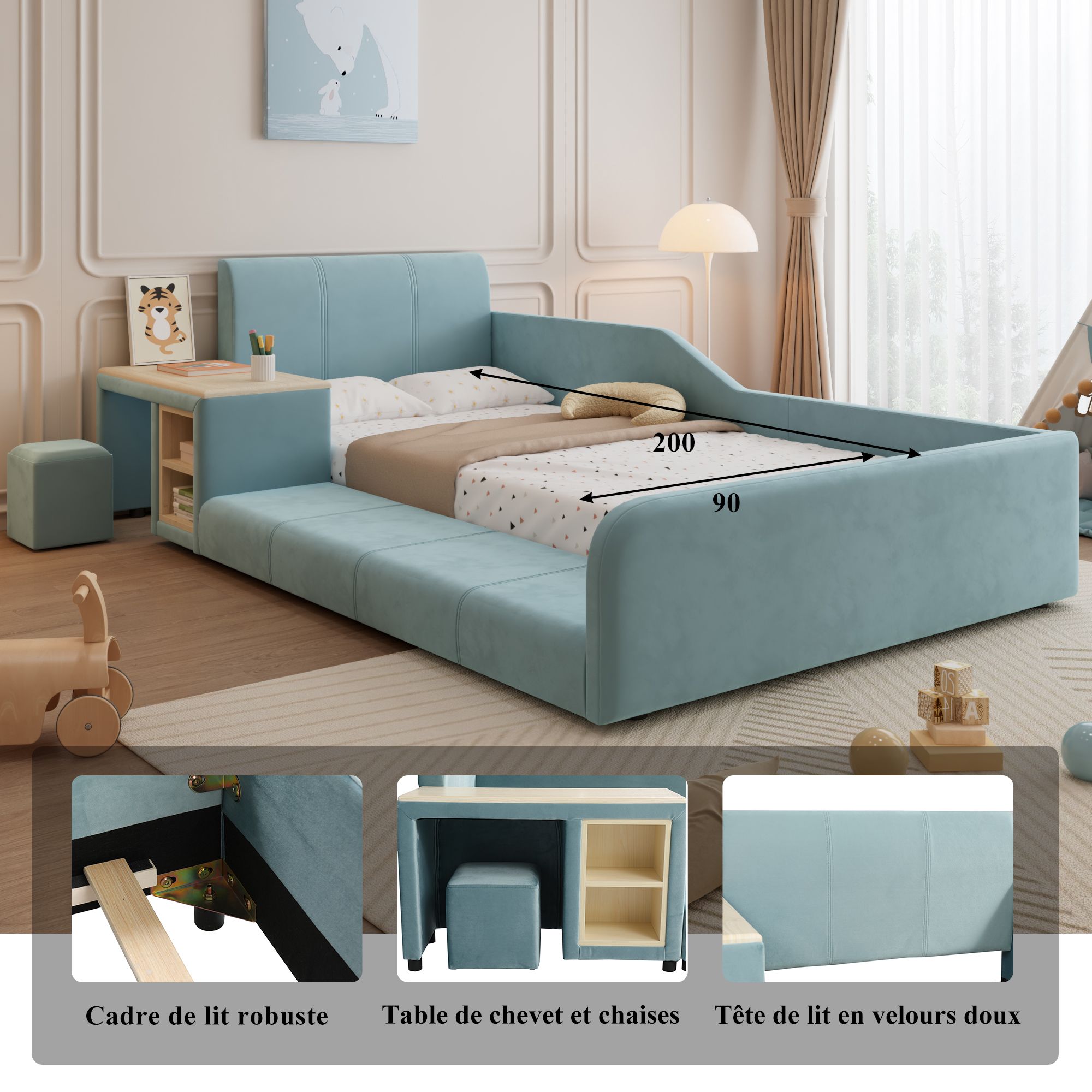 Lit capitonné en velours bleu avec bureau, tabouret et rangement, 90x200 cm 3