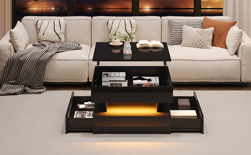 Table Basse Noir - Plateau Relevable, 2 Tiroirs, Éclairage LED Connecté, Rangement Intégré - Panneaux de Particules - 65×65×38.5cm 2