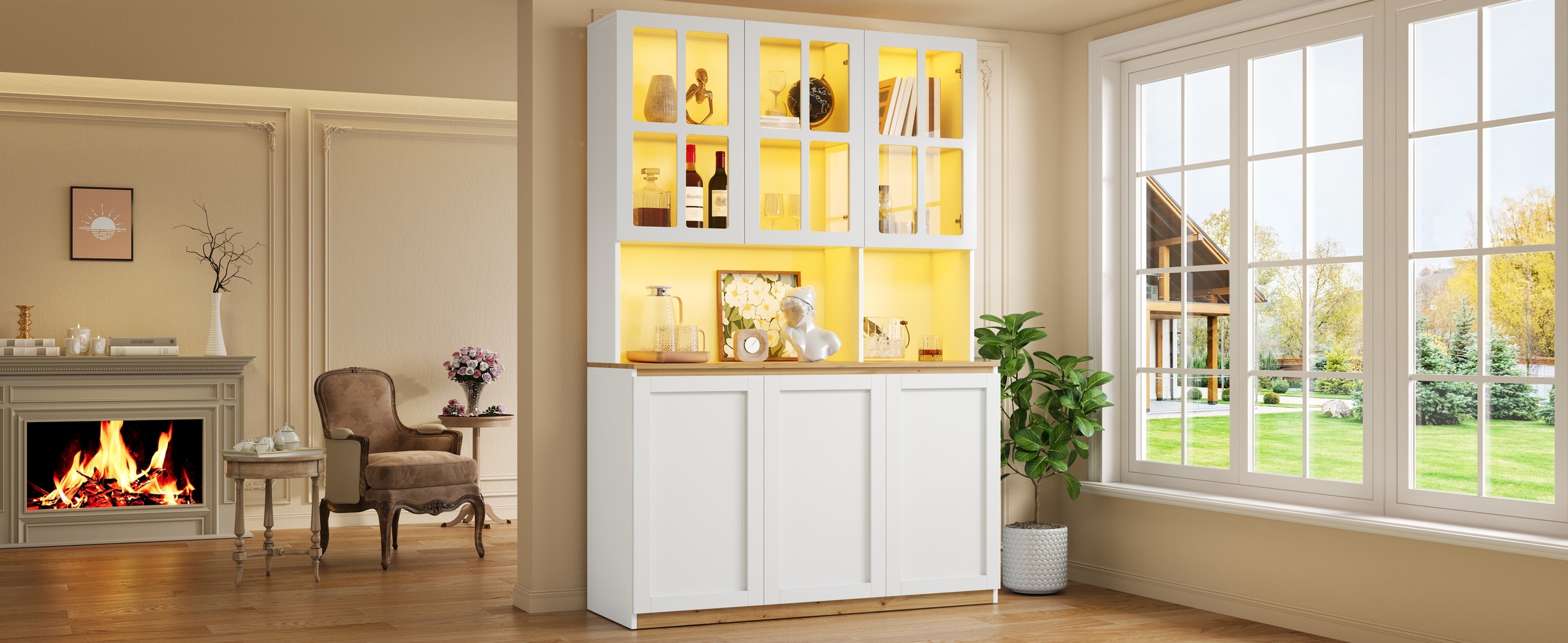 Vitrine Haute Blanc et Chêne - Éclairage LED, Portes, Étagères, Portes en Verre, Fermeture Douce, Rangement à Vin - MDF et Verre 5