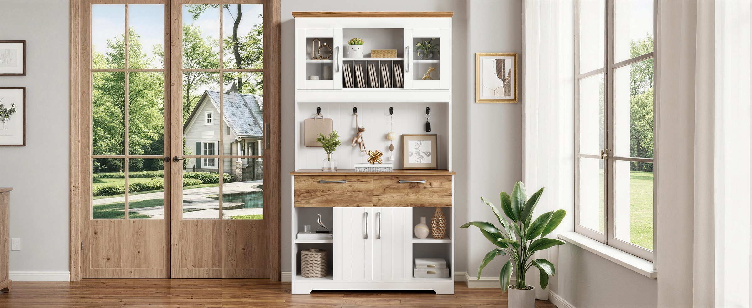 Vitrine Bois Naturel et Blanc - 2 Tiroirs, Portes, Étagères, Portes en Verre - Panneaux de Particules - 106×39×176.5cm 2