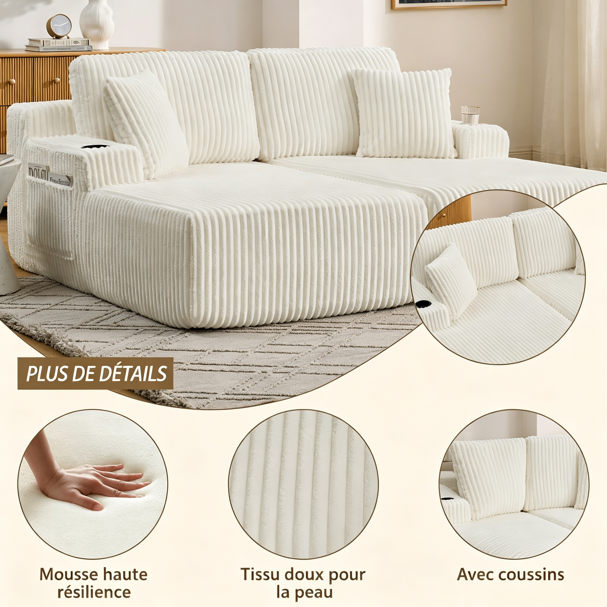 Canapé relax 2 places beige en cord avec porte-gobelets et pochettes - vue 3