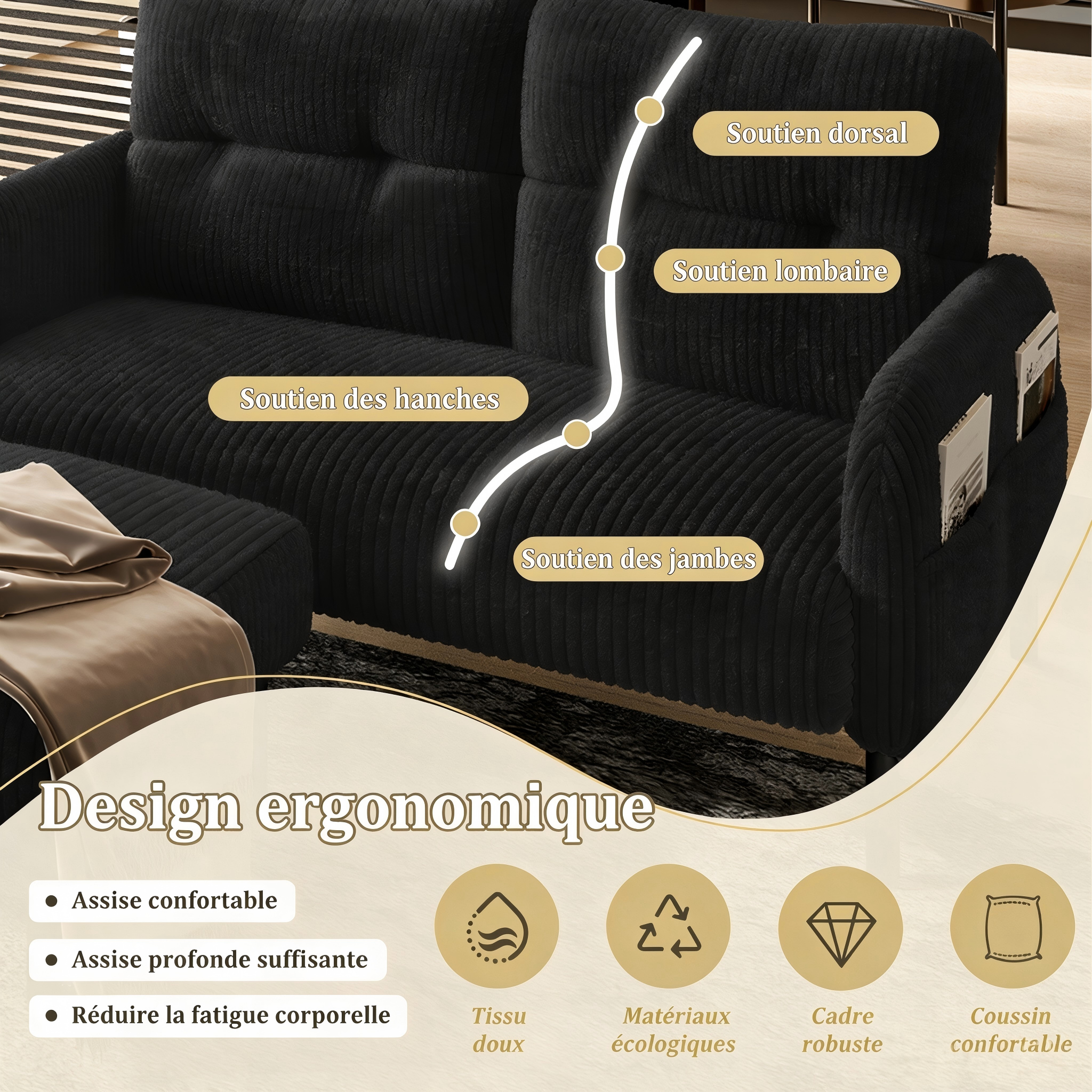 Canapé corduroy noir 3 pièces avec fauteuil et pouf - vue 3