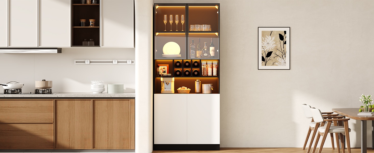 Vitrine Haute Noir - Éclairage LED, 2 Portes, Étagères, Portes en Verre, Rangement à Vin - Panneaux de Particules - 80×30×180cm 3
