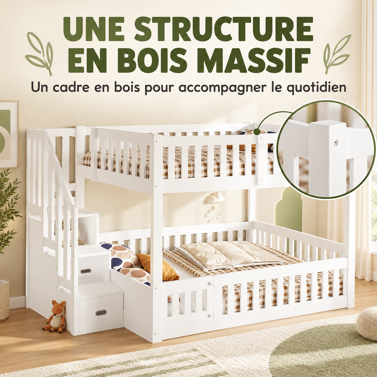 Lit superposé blanc avec structure en bois massif, montants et assemblages renforcés