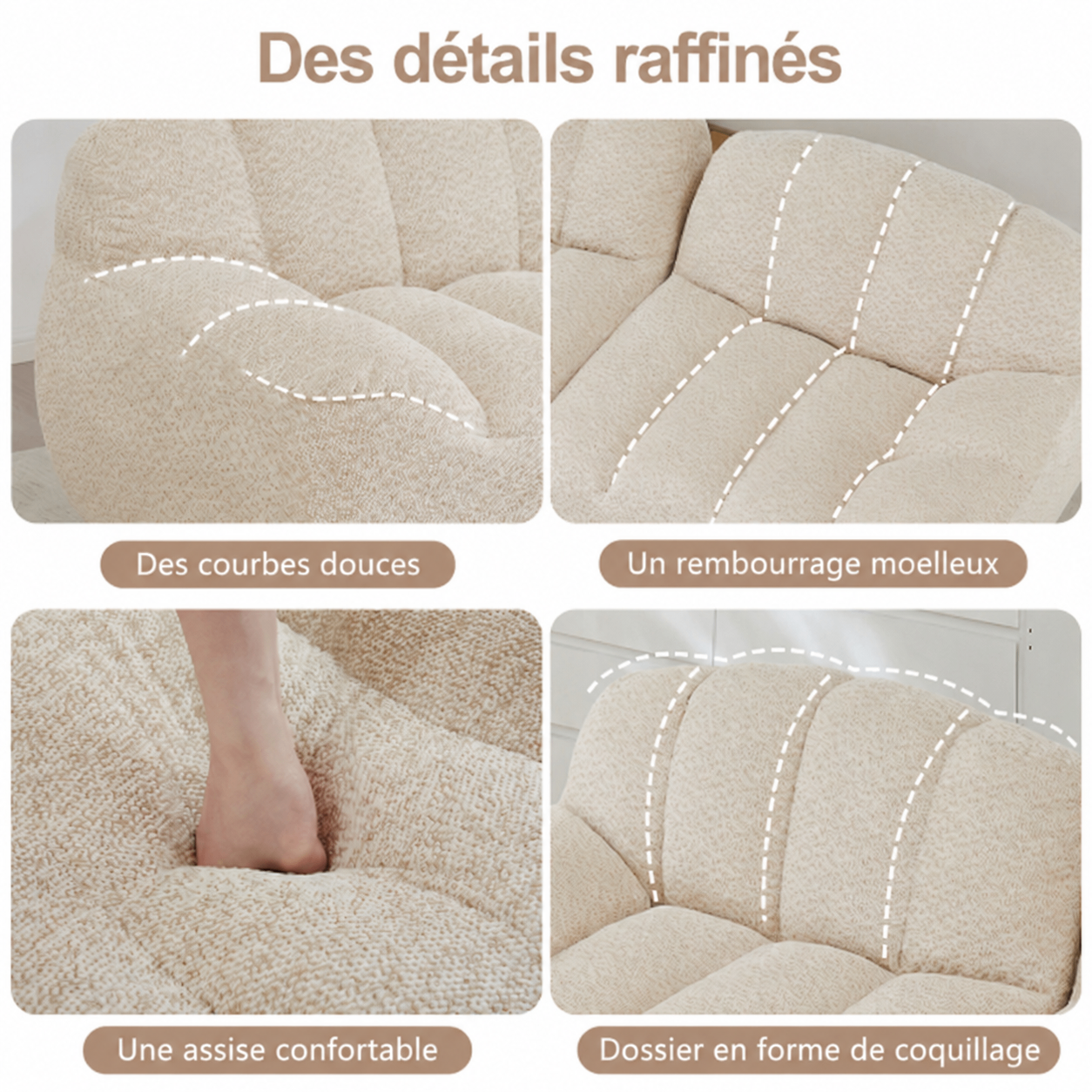 Canapé modulaire 4 places 366 x 165 x 79 cm avec configuration L, sans cadre, Tissu polaire texturé (Granular Fleece), beige et blanc - vue principale