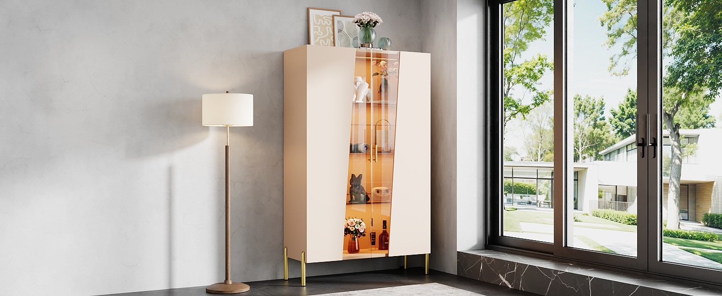 Vitrine Haute Beige - Éclairage LED, Portes, Étagères, Portes en Verre, Fermeture Douce - MDF et Verre - 72×40×145cm 4