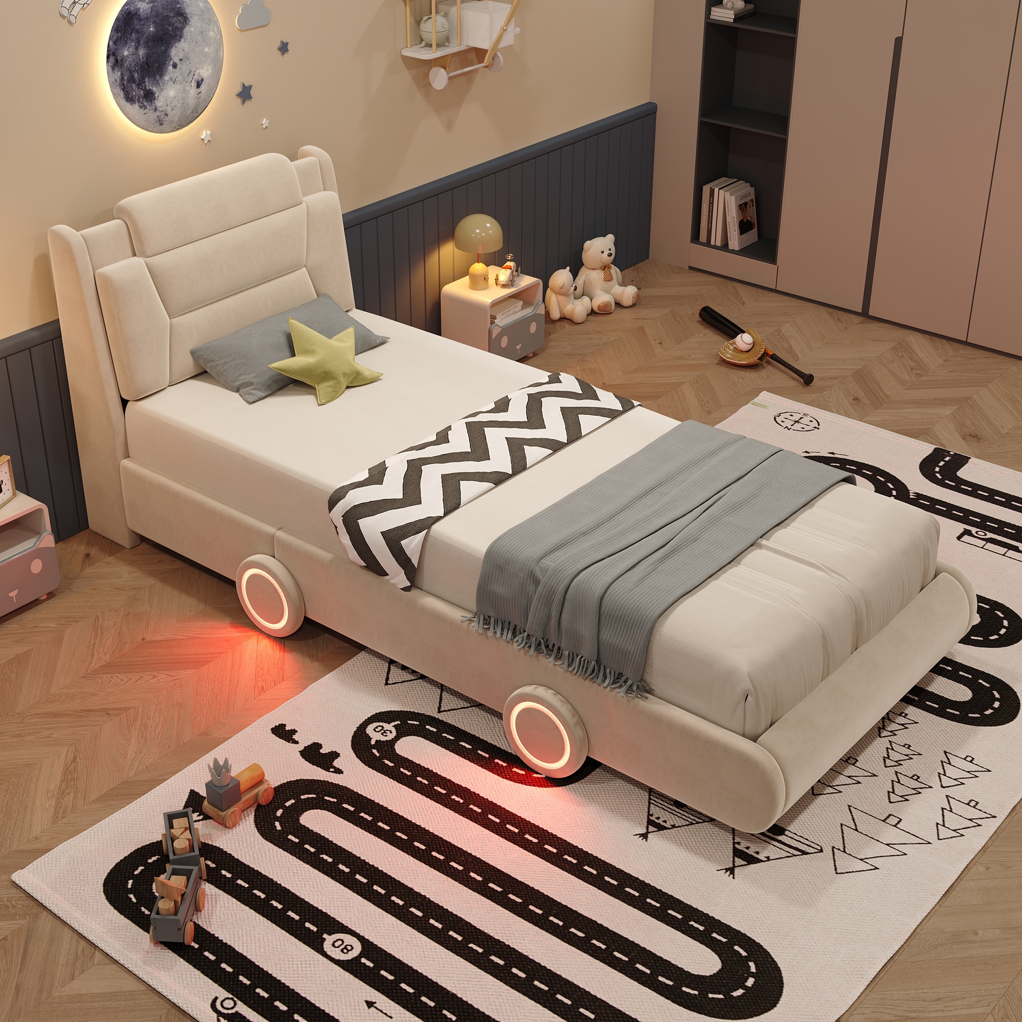 Lit Enfant Voiture Beige - Design Voiture, Éclairage LED, Sommier à Lattes - Velours - 227×103.5×109cm - Chambre et Salon 6
