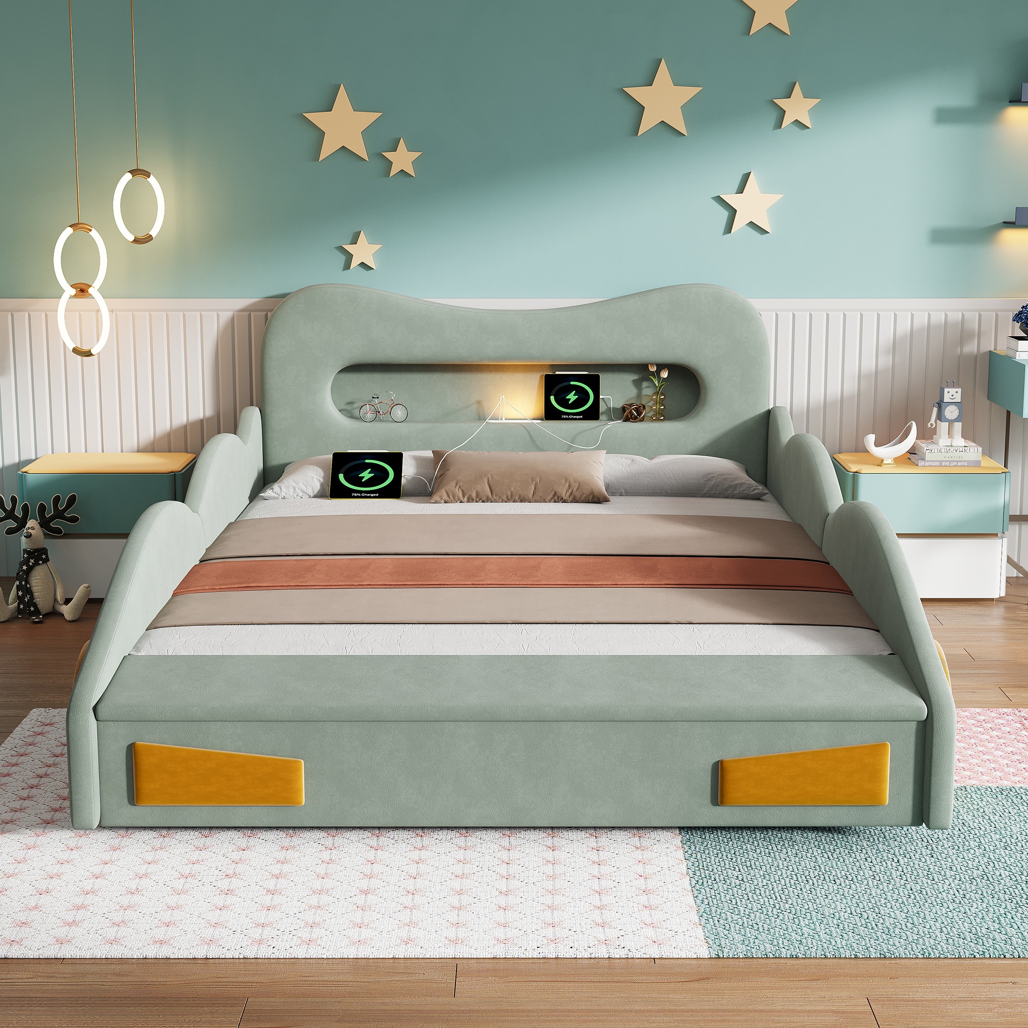 Lit Enfant Voiture Vert - Design Voiture, Rangement Intégré, Éclairage LED, USB et Type-C - Velours - 230.5×151×81cm 4