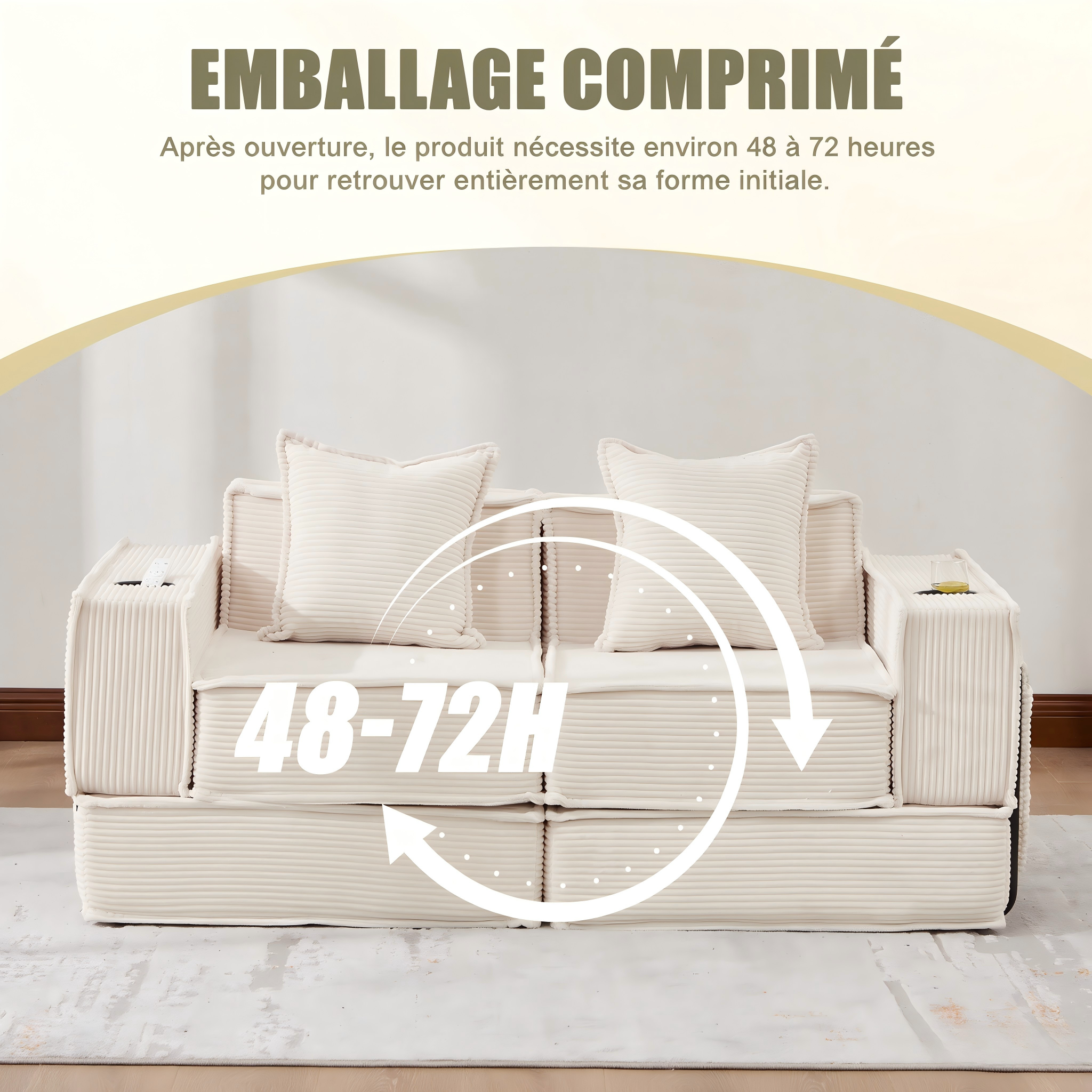 Canapé 2 places beige en corduroy moderne avec pouf - vue 3