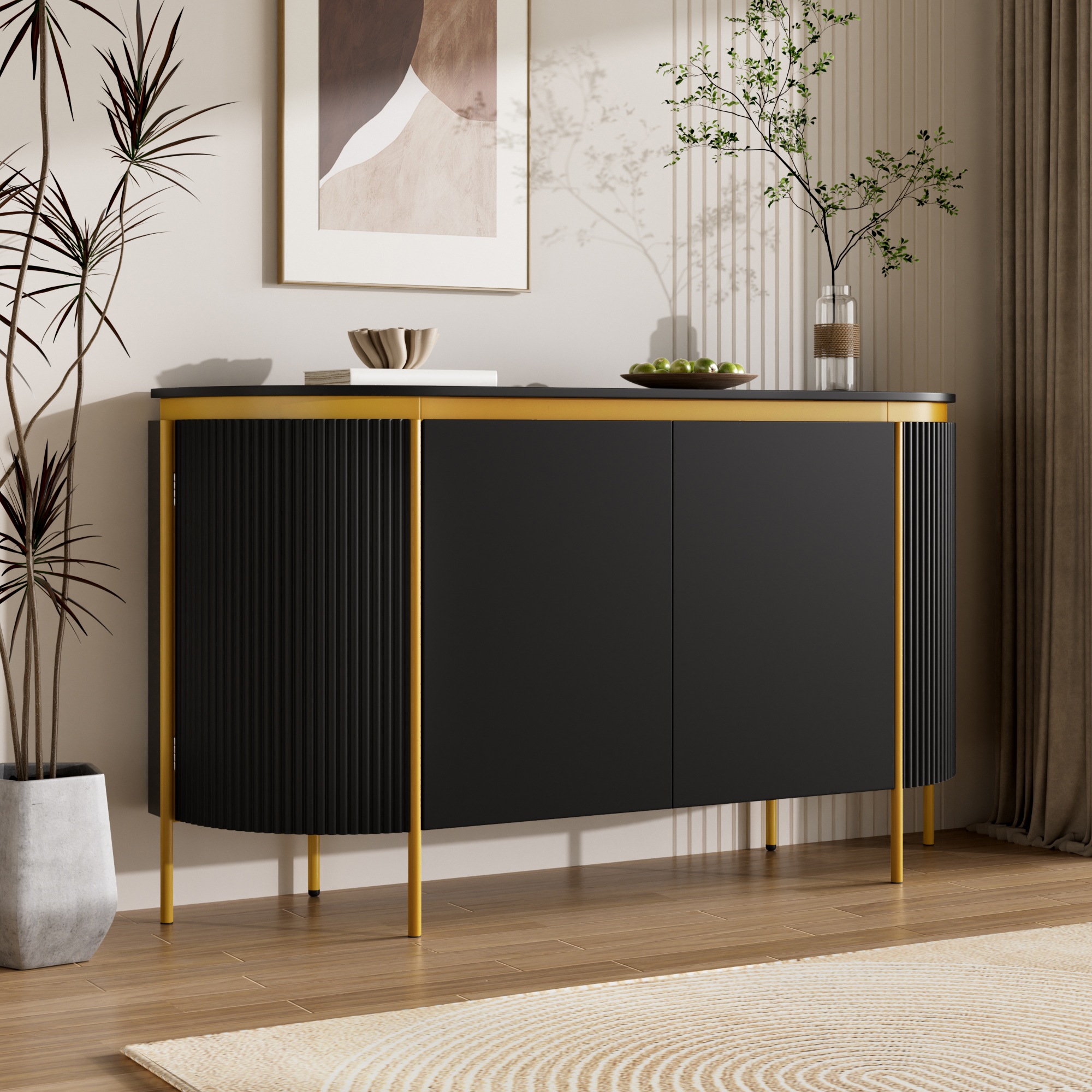 Buffet Noir - 4 Portes - MDF - 140×38×80cm - Salon et Salle à Manger 3