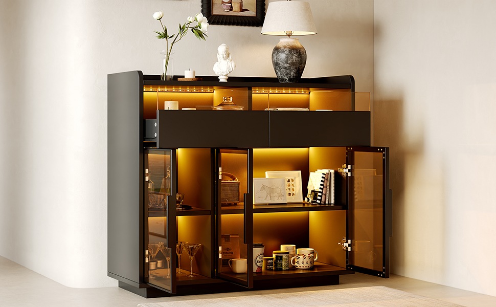 Vitrine Haute Noir - Éclairage LED, 2 Tiroirs, Portes en Verre, Éclairage Connecté - MDF - 100×40×91.5cm - Salon et Salle à Manger 3