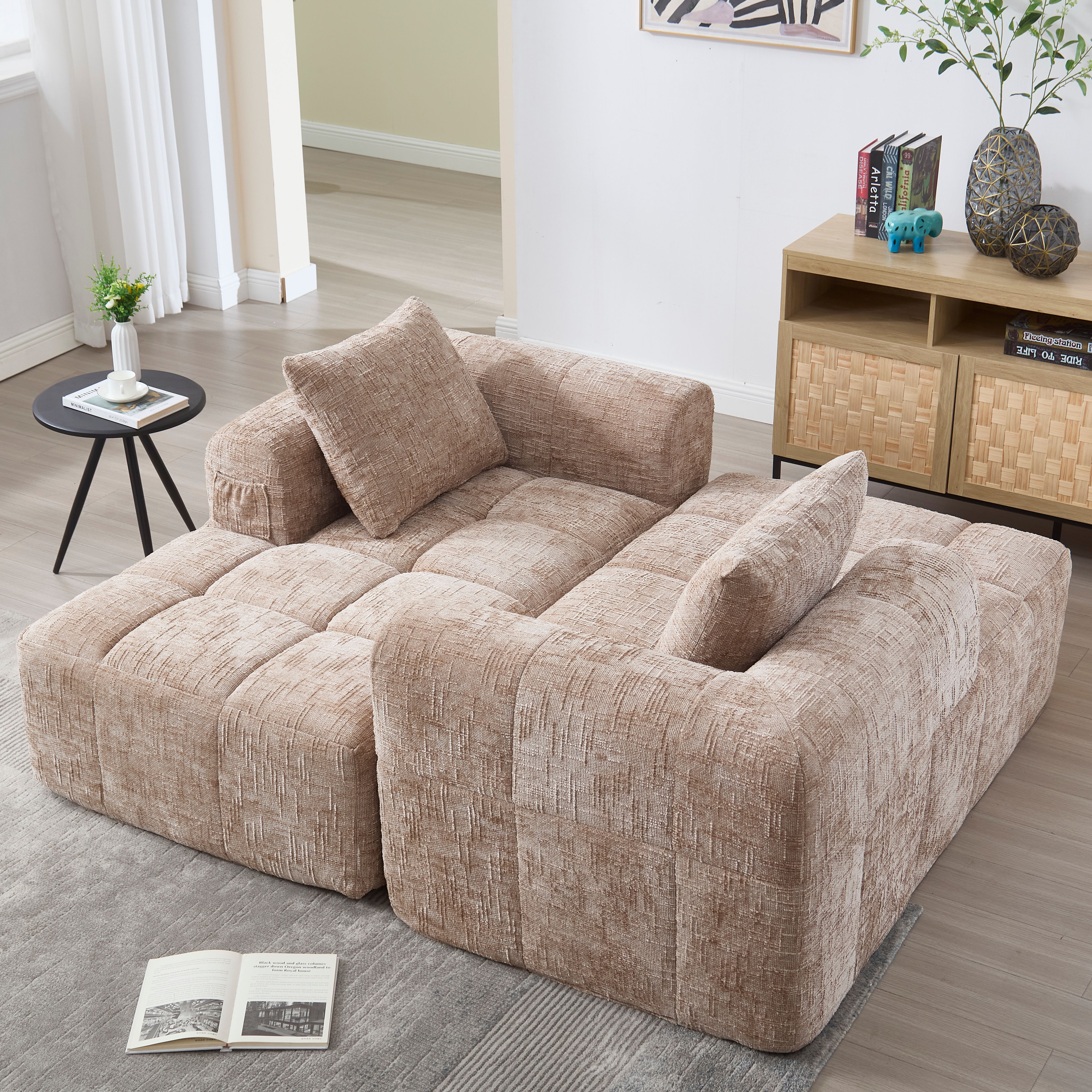 Chaiselongue moelleuse kaki en chenille avec coussin - vue 4