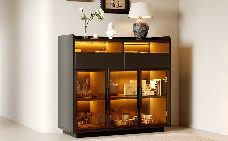 Vitrine Haute Noir - Éclairage LED, 2 Tiroirs, Portes en Verre, Éclairage Connecté - MDF - 100×40×91.5cm - Salon et Salle à Manger 2