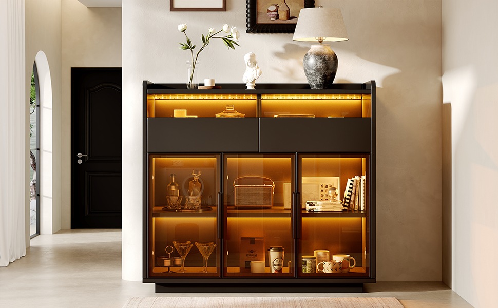 Vitrine Haute Noir - Éclairage LED, 2 Tiroirs, Portes en Verre, Éclairage Connecté - MDF - 100×40×91.5cm - Salon et Salle à Manger 1
