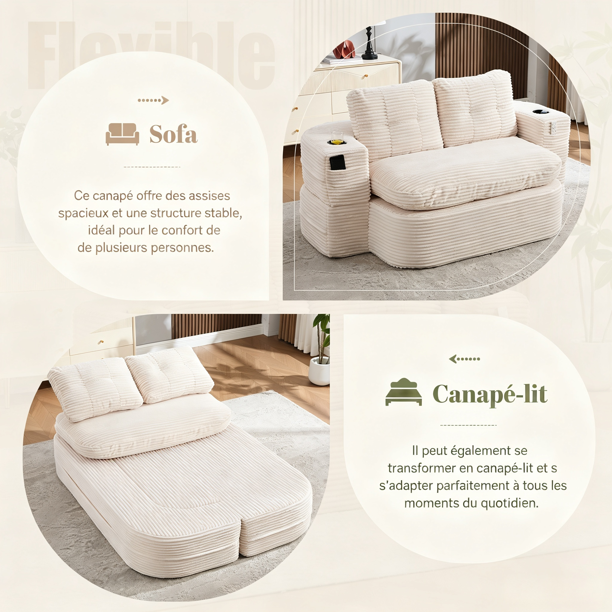 Fauteuil-lit 2-en-1 en corduroy beige avec repose-bras réglable - vue 3