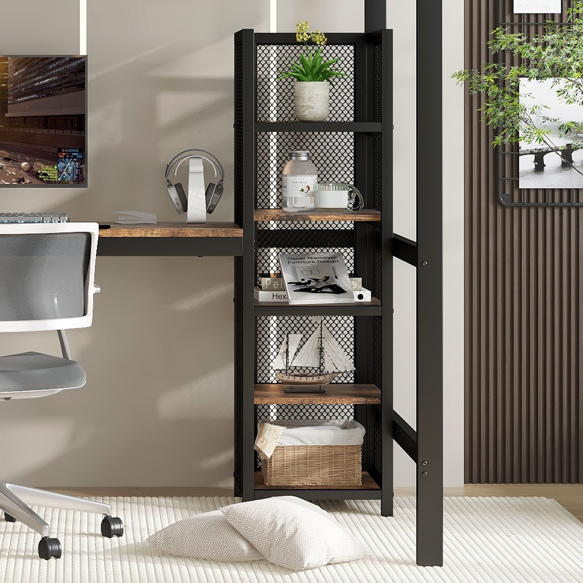 Lit mezzanine en fer et MDF noir avec bureau, étagères et grille, 90x200 cm 3