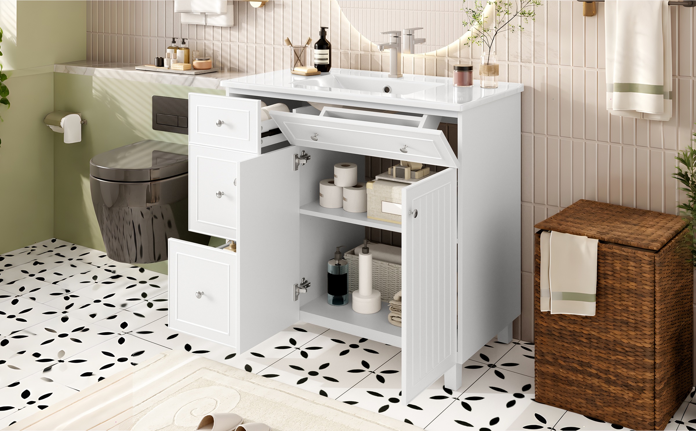 Meuble Vasque Blanc - Lavabo en Céramique Intégré, 4 Tiroirs, 2 Portes, Soft-Close - Céramique et MDF - 91.5×46.5×89cm 2