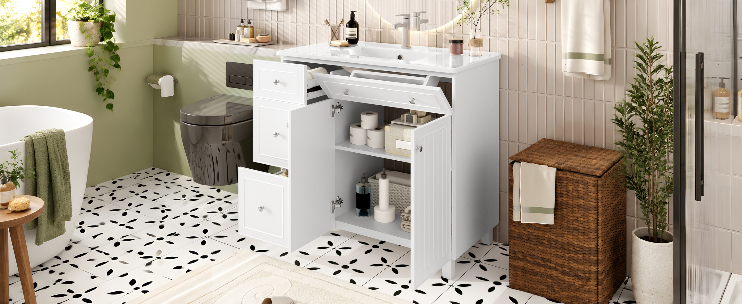 Meuble Vasque Blanc - Lavabo en Céramique Intégré, 4 Tiroirs, 2 Portes, Soft-Close - Céramique et MDF - 91.5×46.5×89cm 6