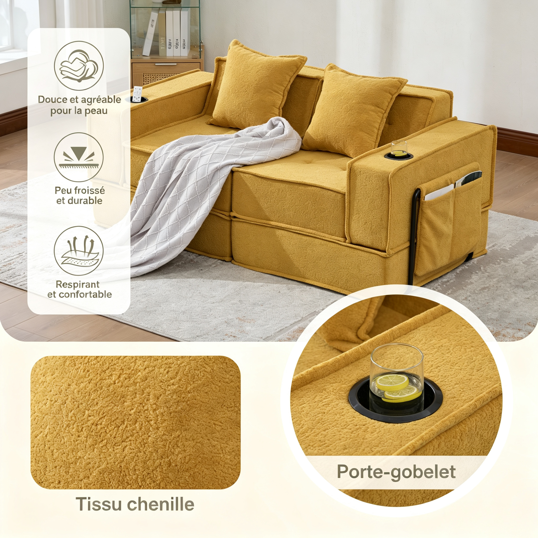 Canapé 2 places moutarde en chenille convertible avec coussins - vue 3