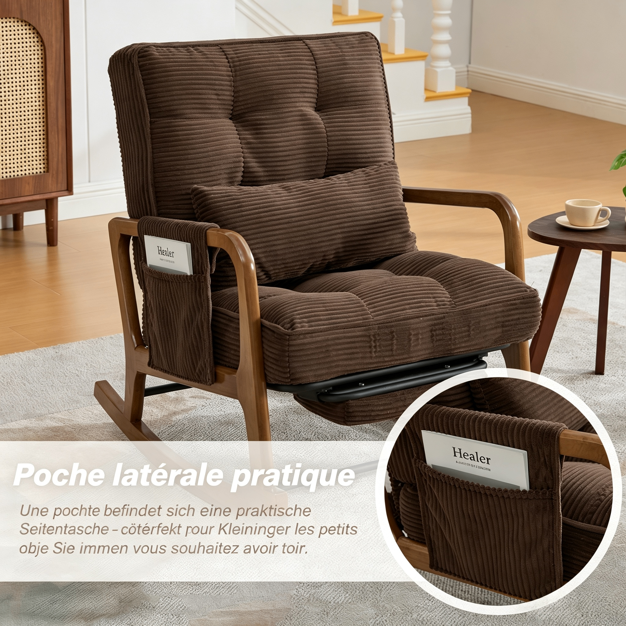 Fauteuil à bascule café en Corduroy - vue 2