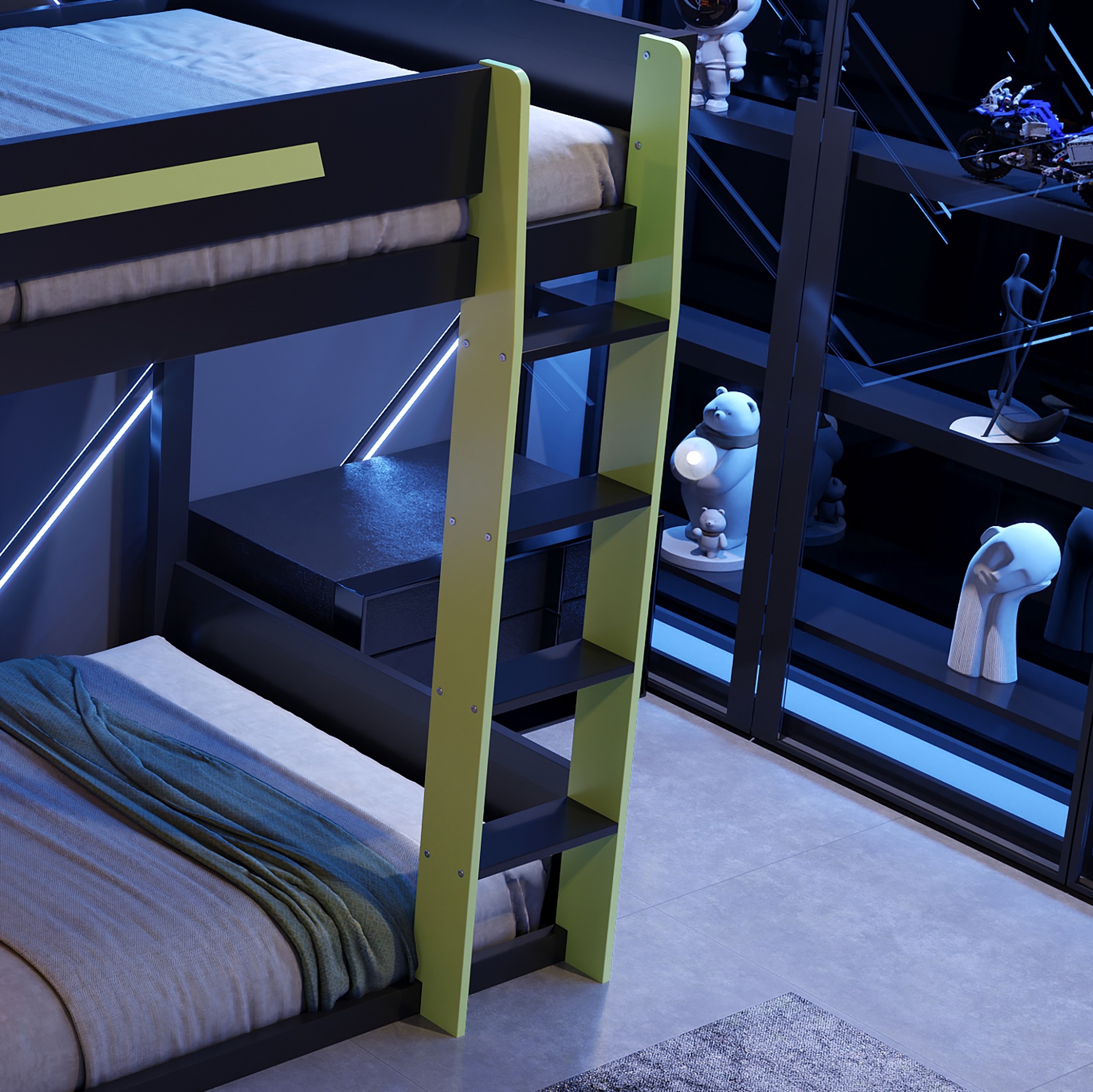 Lit mezzanine gamer 120×200 cm - Bureau gaming - Espace PC - Rangement - LED - Structure métal - Noir et vert 5