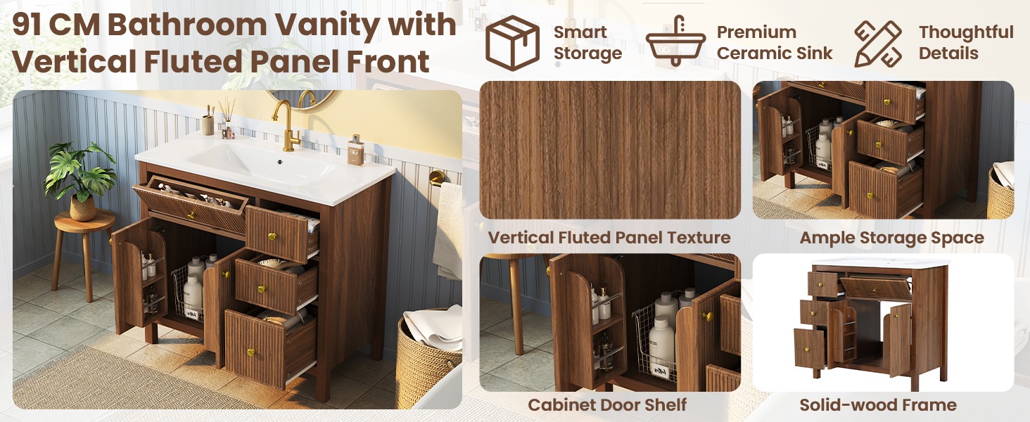 Meuble de Salle de Bain Noyer, Rangement, Fermeture Douce, Plan Relevable - MDF et Bois - 91x48x88cm - Salle de Bain 2